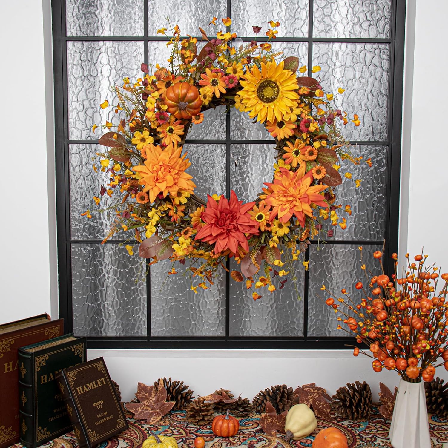 JINGHONG Fall Wreaths for Front Door 20 Inch Artificial Fall Wreath Autumn Flower Wreath with Sunflower Daisy Dahlia Pumpkin for Indoor Outdoor Window Wall Porch Harvest and Thanksgiving Celebration