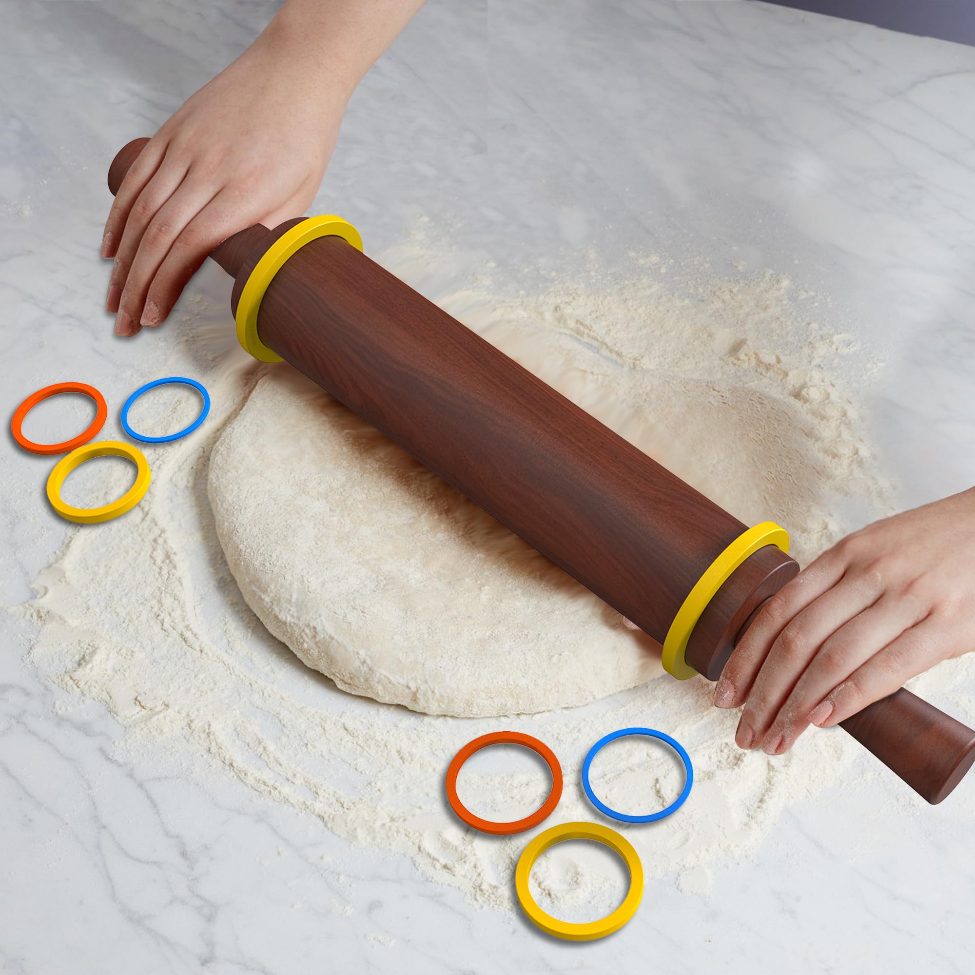 Rodillo de madera clásico con mango para fondant, pizza, pasteles, galletas, pasteles, rodillo para hornear con 3 anillos de grosor multicolor, 17 x 2.5 pulgadas (incluye asa)