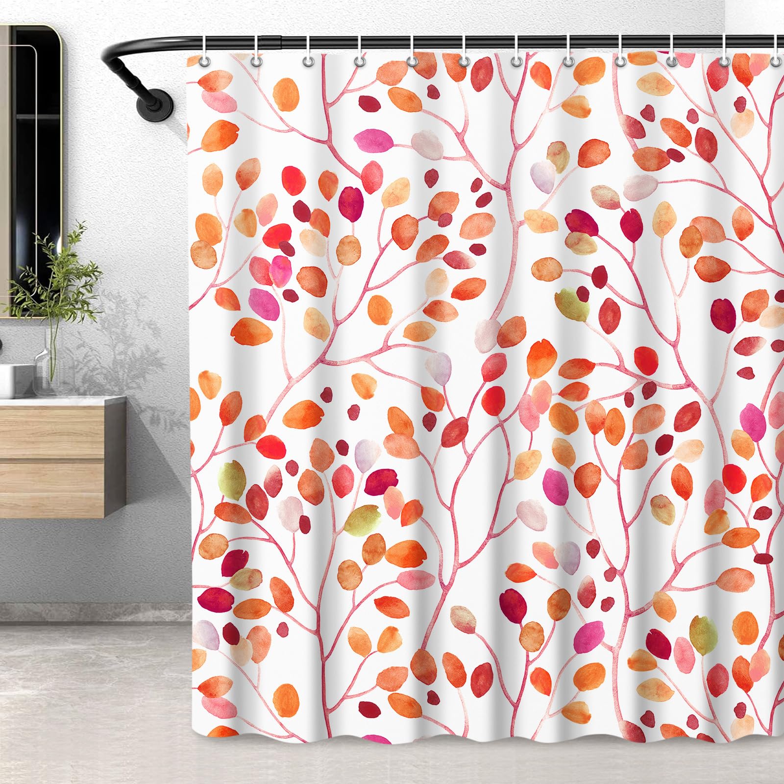 LXBNI Extra Long Flower Shower Curtains, Colorful Leaf Plant Shower Curtain, Waterproof Polyester Fabric 72x84 Inches Shower Curtain, Machine Washable with Plastic Hooks, Red Orange
