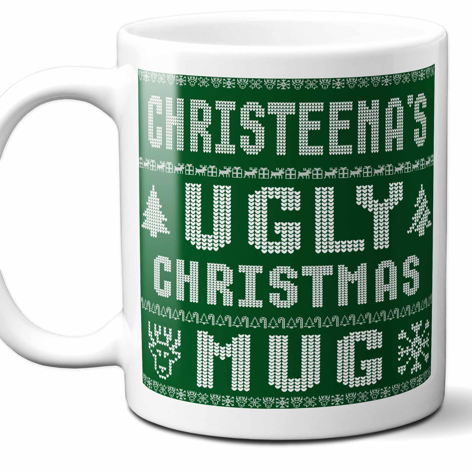 Christeena Name Christmas Gift. Personalized Ugly Christmas Sweater Coffee Mug. Funny Custom Xmas Gift, Stocking Stuffer For Friends, Coworkers And Person Who Has Everything. 11 Ounces.