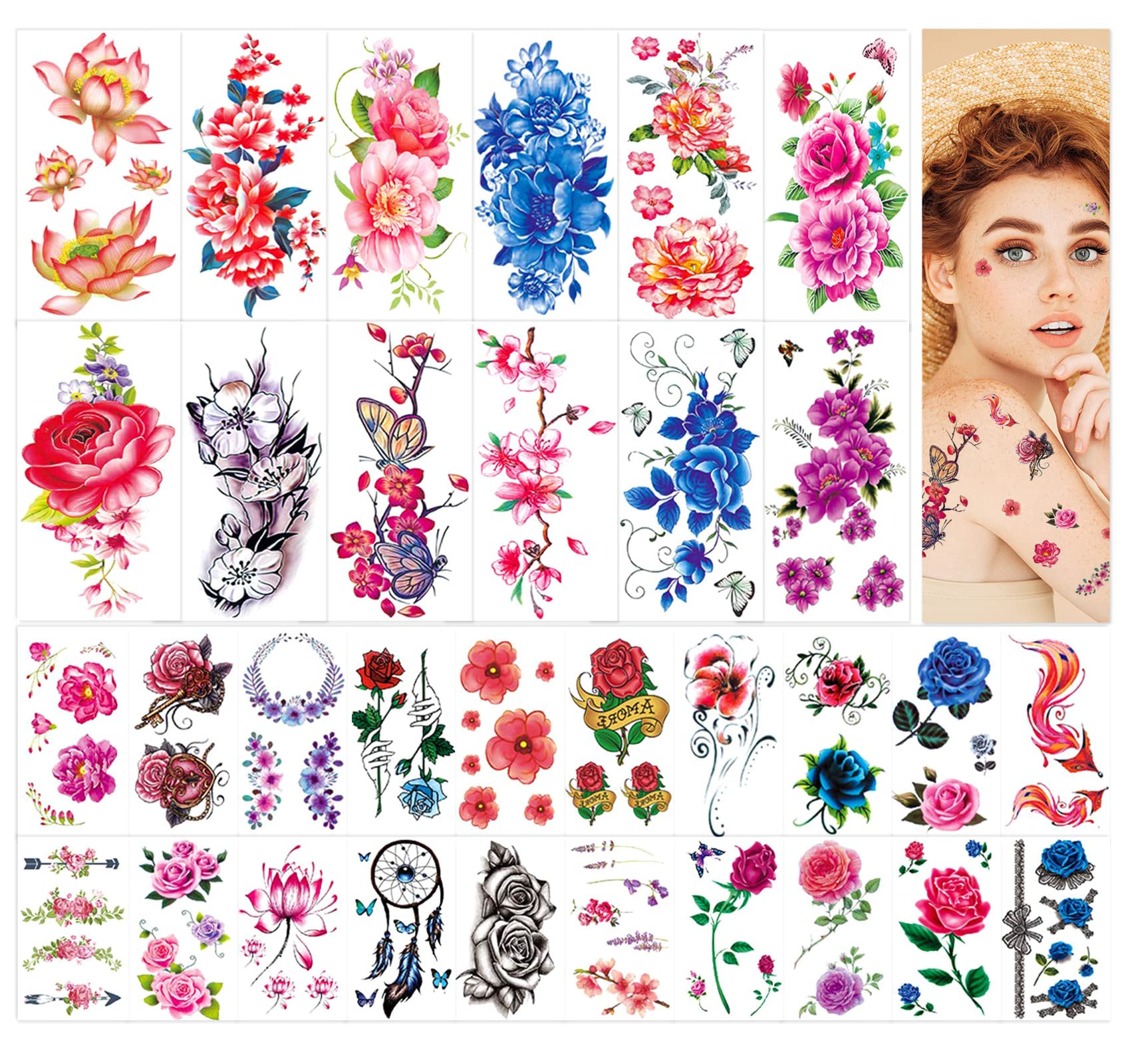 32 Sheets Flower Temporary Tattoos for Women, Roses Cherry Blossoms