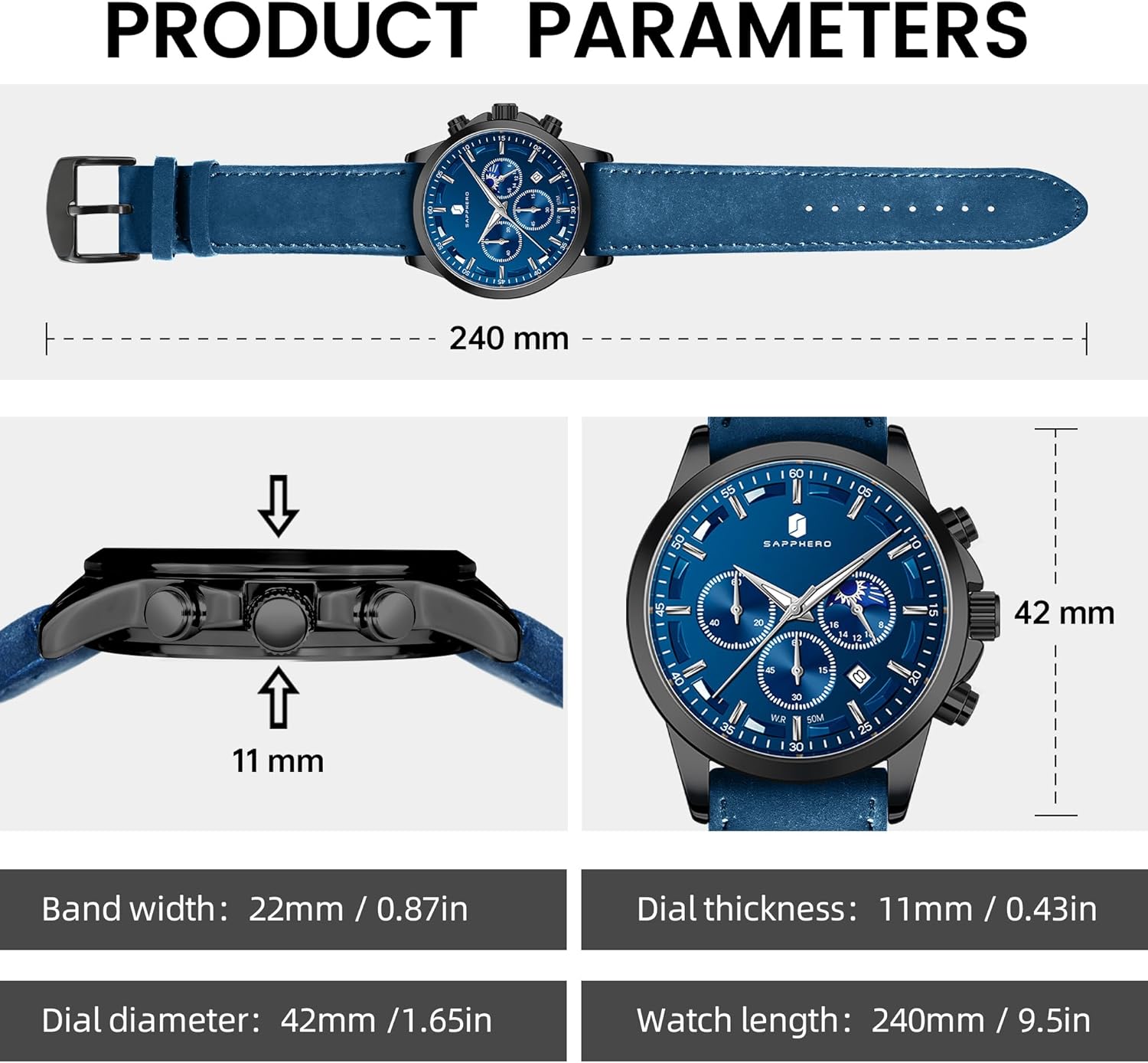 BY BENYAR Herrenuhr Uhren Herren Wasserdicht Herrenuhren Chronograph m?nner Armbanduhr für Herren Eleganz Lederarmband/Edelstahl Quarz Geburtstags/Weihnachts Gold/Silber/Blau/Schwarz - Image 5