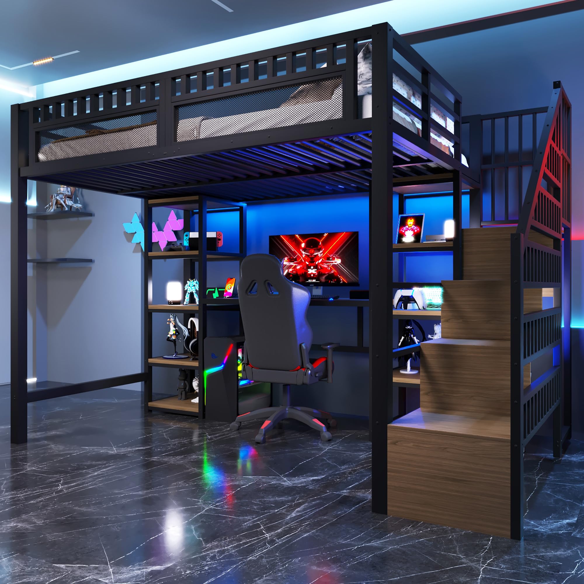 Dolamaní Hochbett 140 x 200 cm Metalbett mit Schreibtisch und Treppe, Bett 140x200 mit stauraum, LED-Lichtleiste & USB-Anschluss, Metalbett Jugendbett Kinderbett, ohne Matratze (schwarz B)