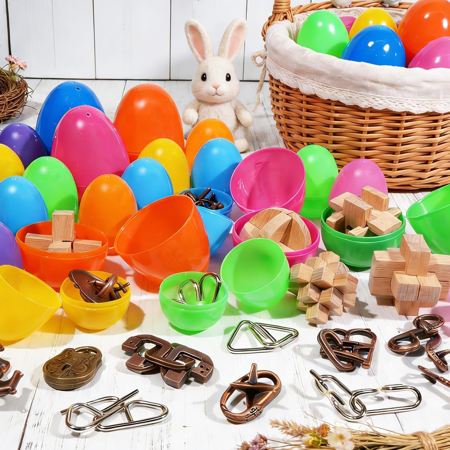 Rileryan 24 Pack Prefilled Easter Eggs Filled with Brain Teasers Easter Basket Stuffers Fillers Easter Egg Hunt Easter Eggs Bulk Wooden Metal Brain Teaser