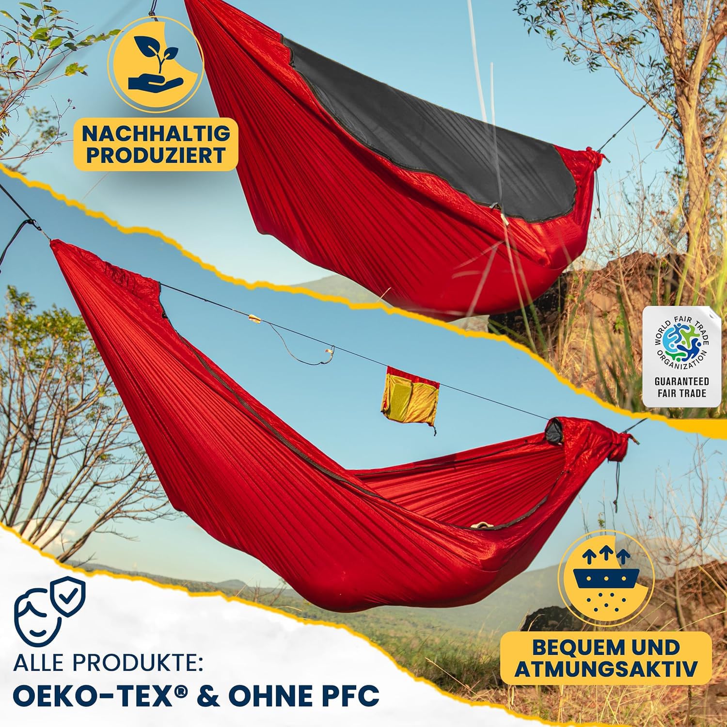 Fallschirmhängematte Pro - Bordeaux Rot | Hängematte Outdoor mit 325 x 170 cm mit integriertem Moskitonetz, Karabinern und Ridgeline für schnellen Aufbau | Original Ticket to the Moon seit 1996