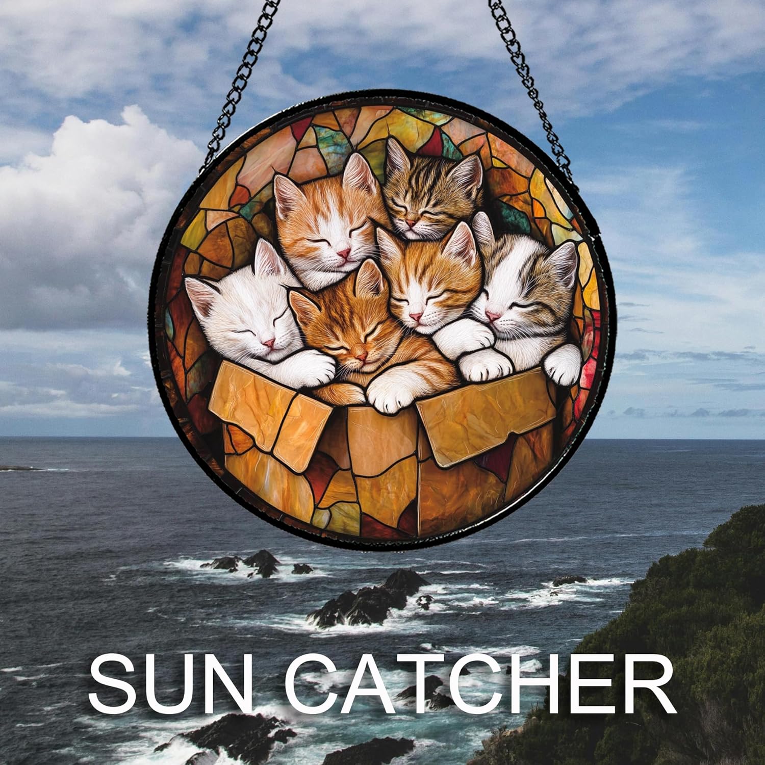 Stained Glass Window Hanging 6 Cute Kittens 6.3" - Cat Gift Suncatcher Door Sun Catcher Decor Birthday Christmas for Lost Pets Mom Men Woman Friend