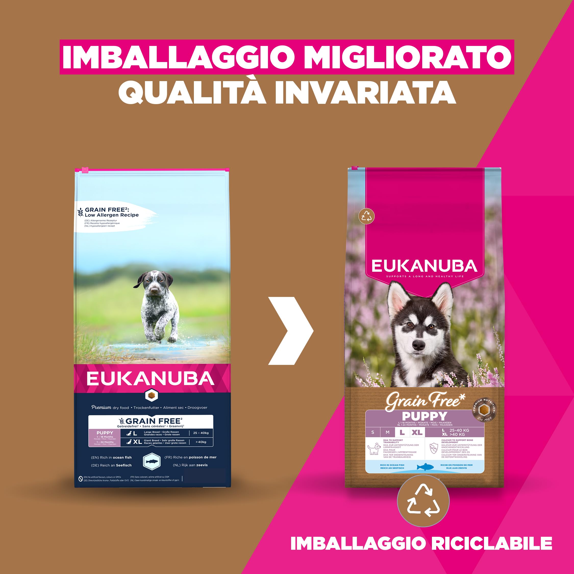 EUKANUBA Cibo secco per Cuccioli senza cereali con pesce per razze di taglia grande - Alimento secco premium privo di cereali per Cani giovani, 12 kg