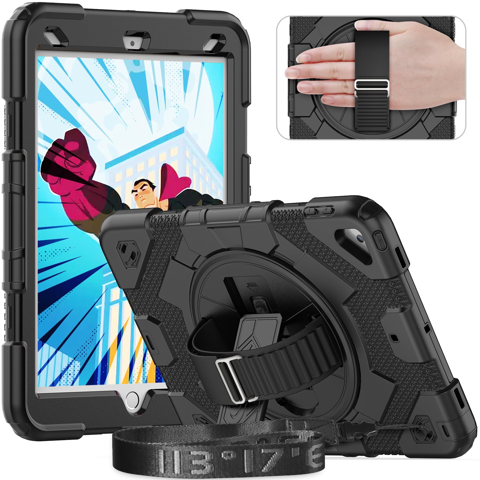 Timecity for iPad 9th/ 8th/ 7th Generation Case, for iPad 10.2 Case 2019-2021: with Strong Protection, Screen Protector, Hand Strap, Shoulder Strap, 360° Rotating Stand - Black