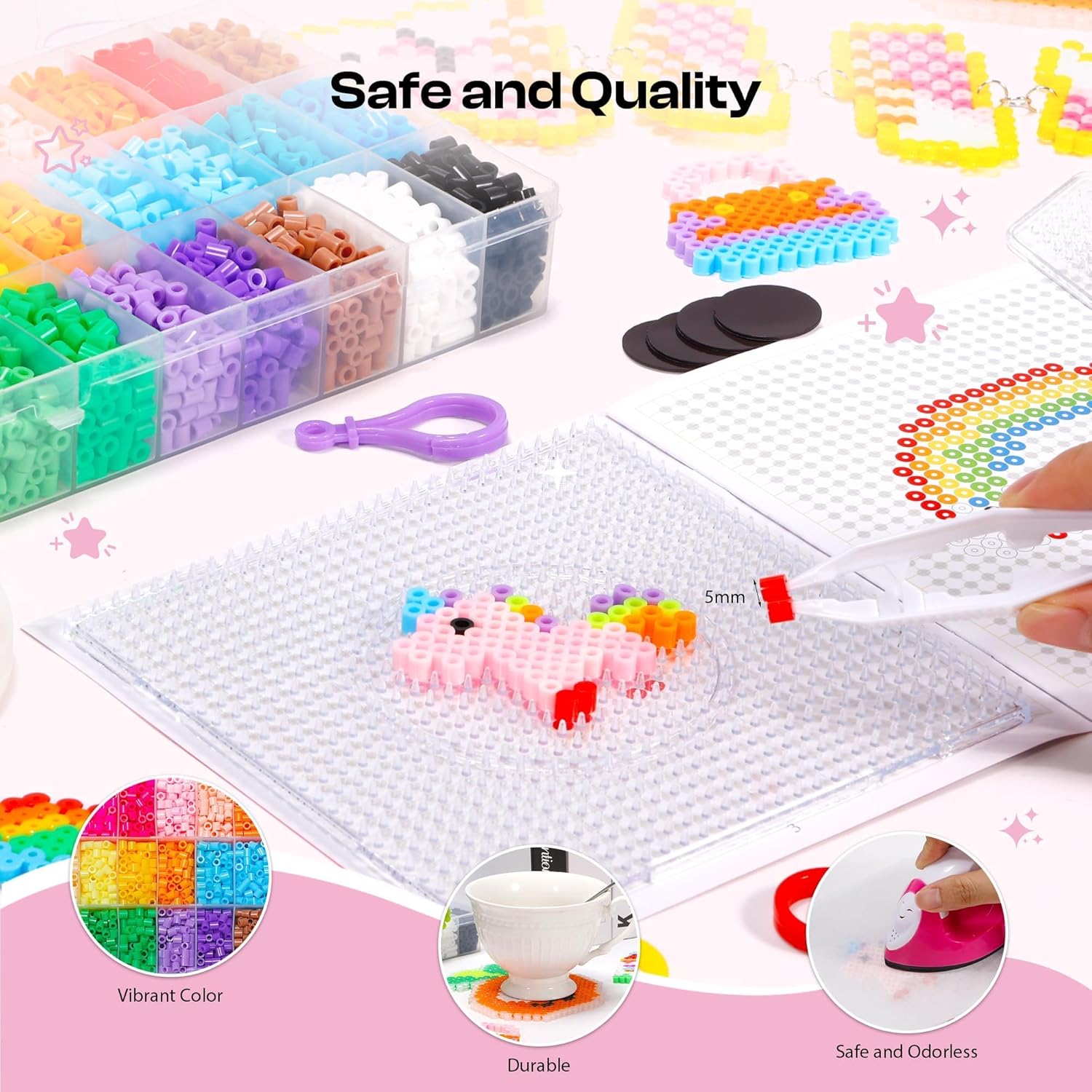 Caydo 24 Colors Fuse Beads Kit, 5mm Ironing Beads for Kids Kit with Patterns Instruction, 3 Pegboards, Keychains, Accessories & Gift Box for Art and Craft Project, Birthday - Image 5