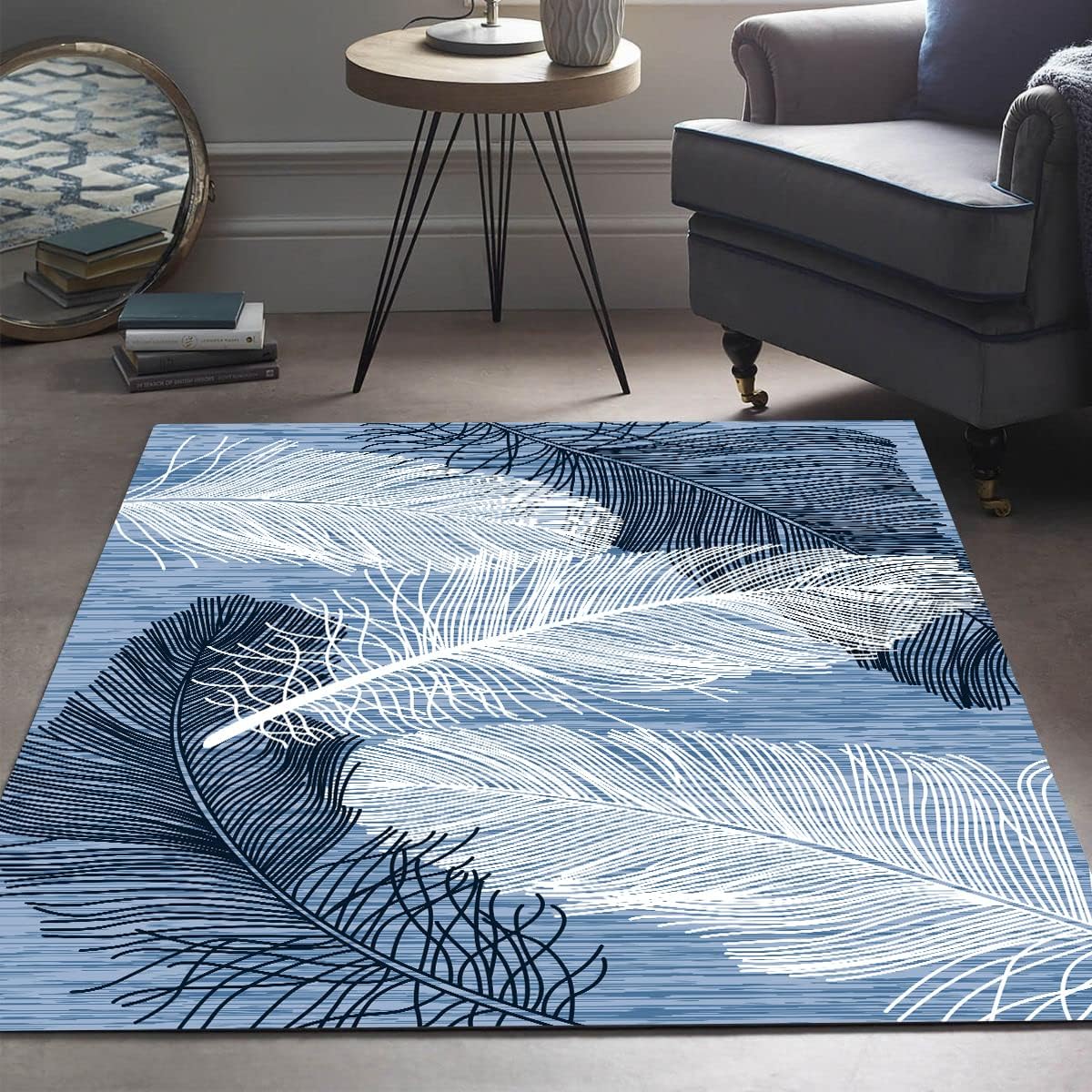 Contemporary Modern Feather Pattern Dark Blue White Rug for Living Room Bedroom Dining Room Farmhouse Stain Resistant Soft Fluffy Home Office Hallway Kitchen Area Rug 2x3