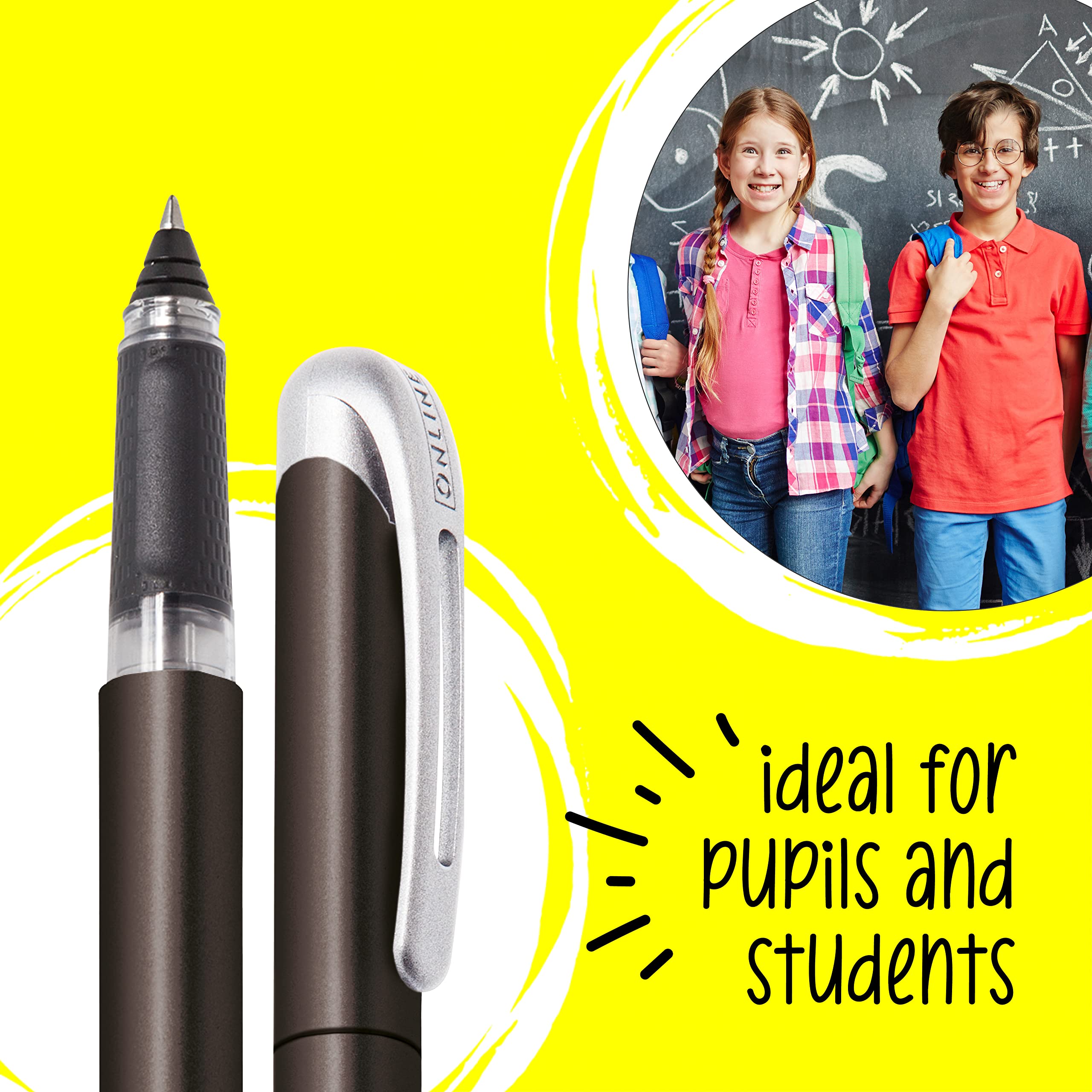 Online Ergonomic Rollerball Pen Metallic Black for School & College, Soft Grip Part for Left- and Right-Handed - Image 4
