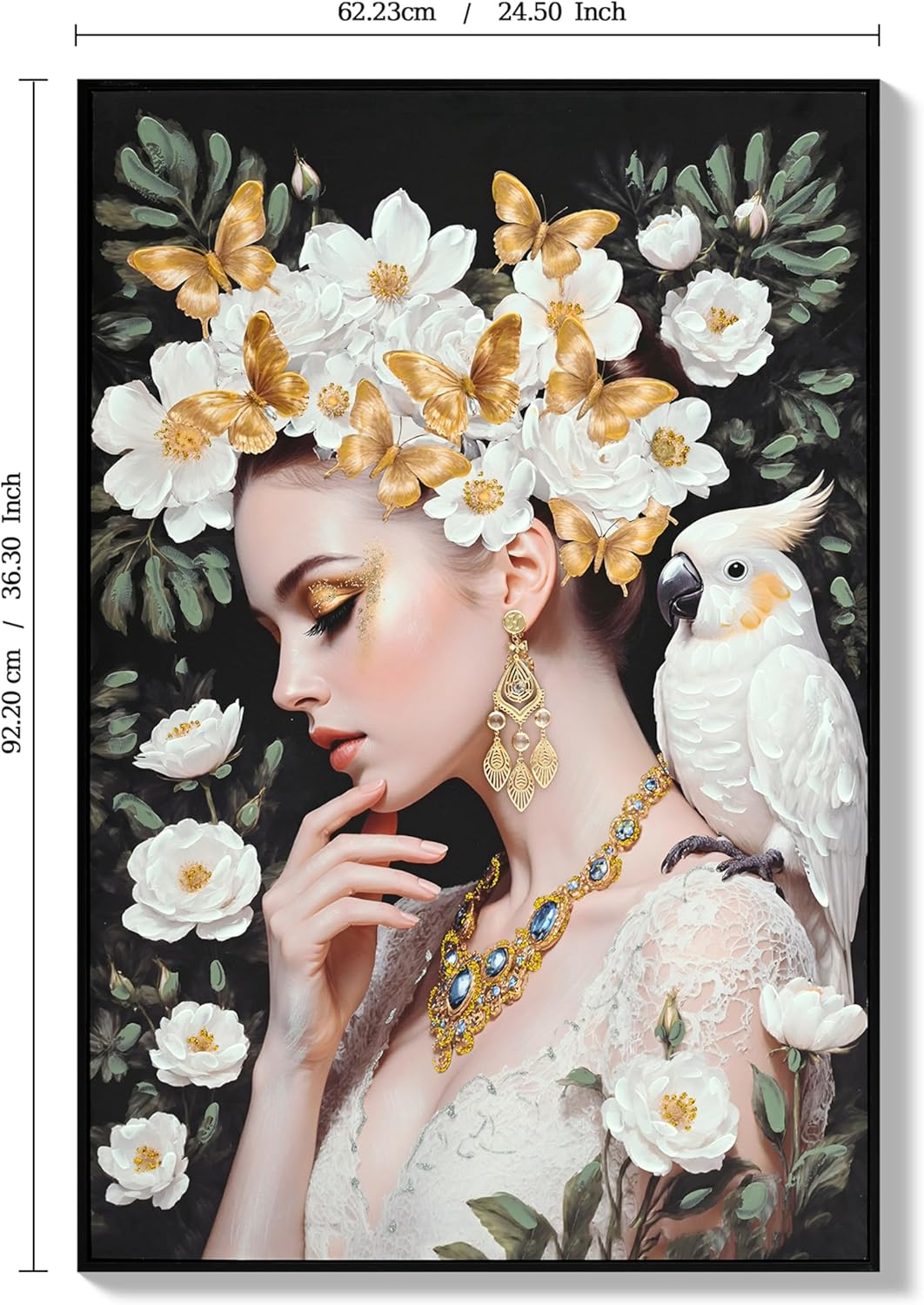 REYOUNG 24x36 Inch Framed Canvas Wall Art, Luxury White Flower Gold Butterfly Woman Portrait, Elegant Floral Lady with Cockatoo Painting, Modern Home Decor for Living Room Bedroom, Ready to Hang