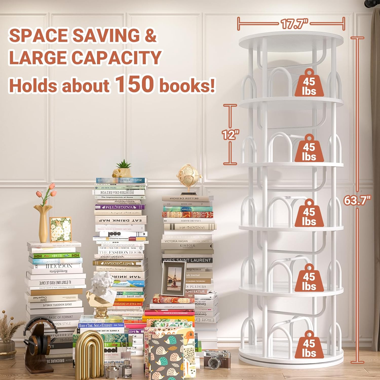 Aheaplus 5 Tier Rotating Bookshelf Tower, 360 Display Spinning Bookcase, Revolving Round Book Shelf Narrow Swivel Bookshelf, Vertical Turning Spiral Corner Book Organizer for Small Space, White - Image 2