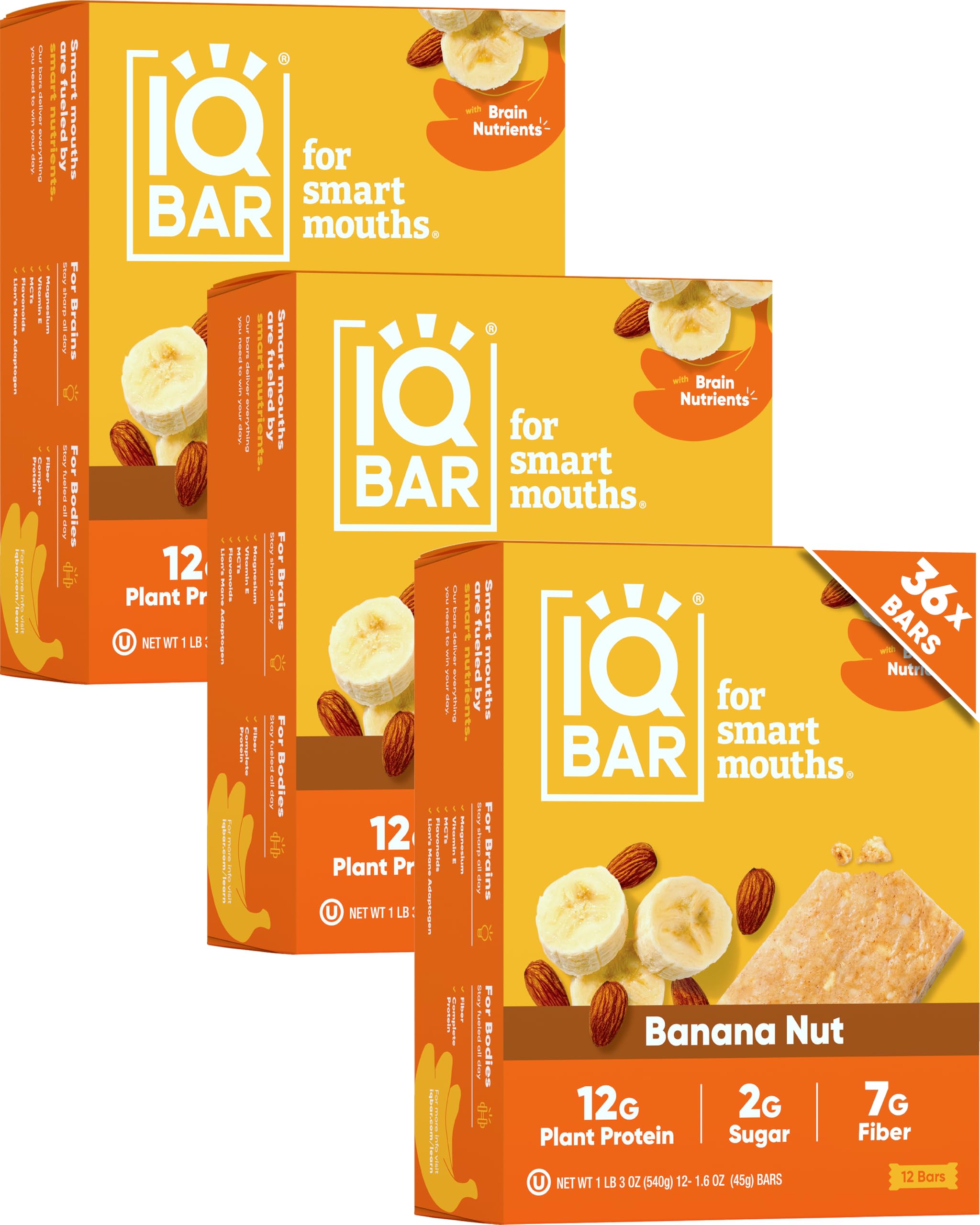 - IQBAR Clean Plant Protein Bars - Banana Nut - 36 Count - Keto, Vegan, High Fiber, Gluten and Dairy Free, Low Sugar Snack - Brain and Body Nutrients for Focus, Energy, Meal Replacement