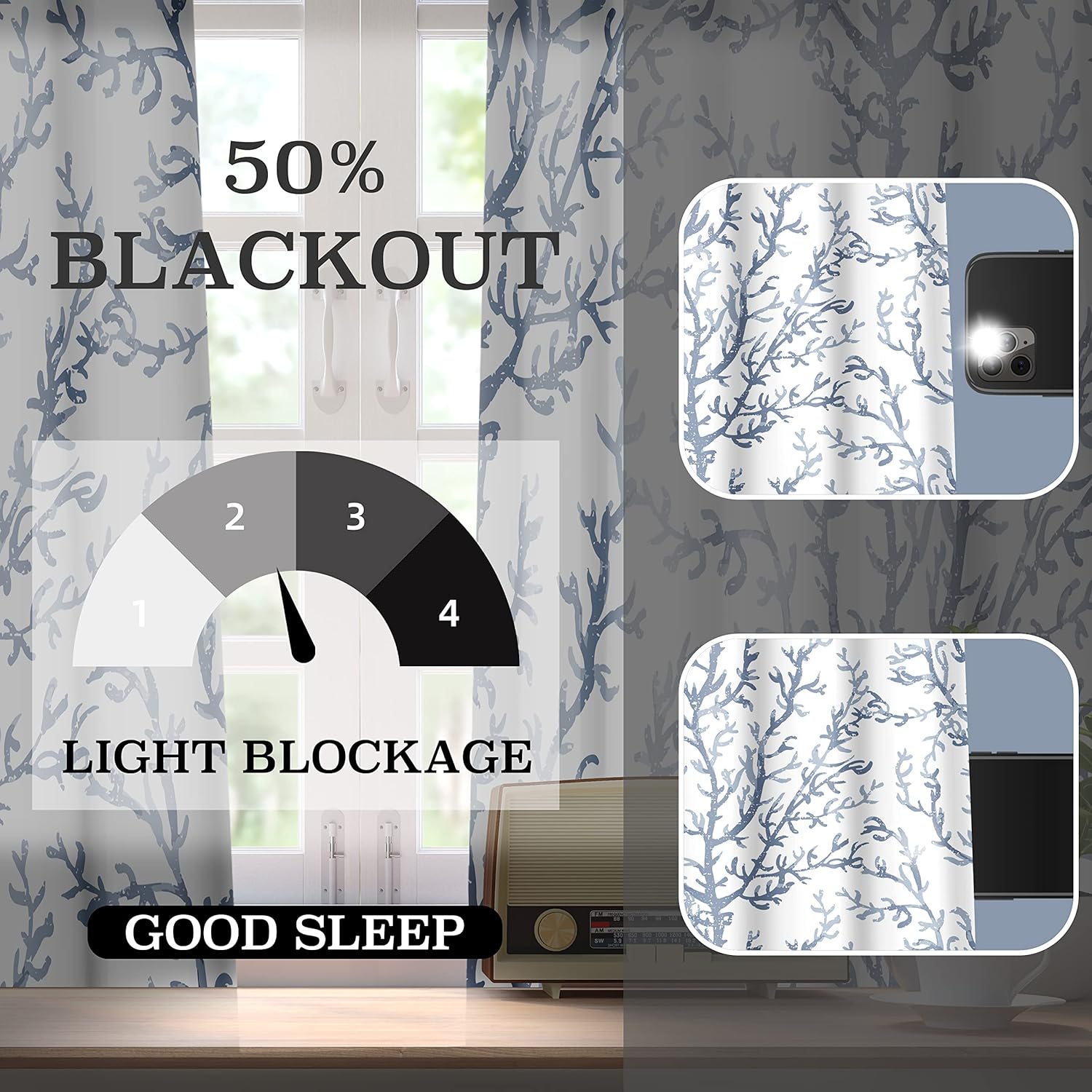 weesire Nautical Coastal Curtains Decorative Beach Ocean Coral 50% Light Blocking Sea Darkening Grommet Curtain for Villa Living Room, Bedroom Light Blue and White 2 Panels Set, 52x84 Inches