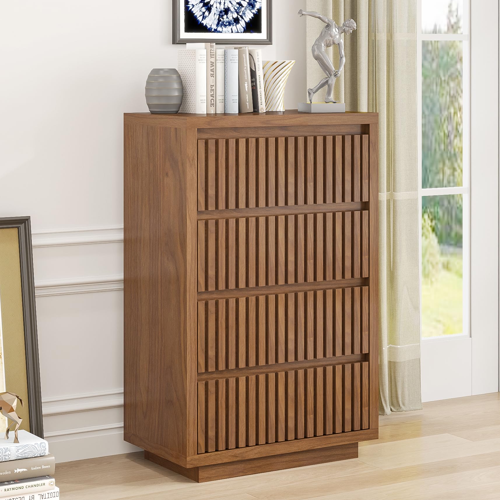 Amazon.com: Jluomei Fluted 4 Drawer Dresser, Mid Century Small Dresser for  Bedroom, Wood Chest of Drawers, Modern Closet Clothes Organizer, Walnut  Wooden Storage for Living Room, Brown : Home & Kitchen