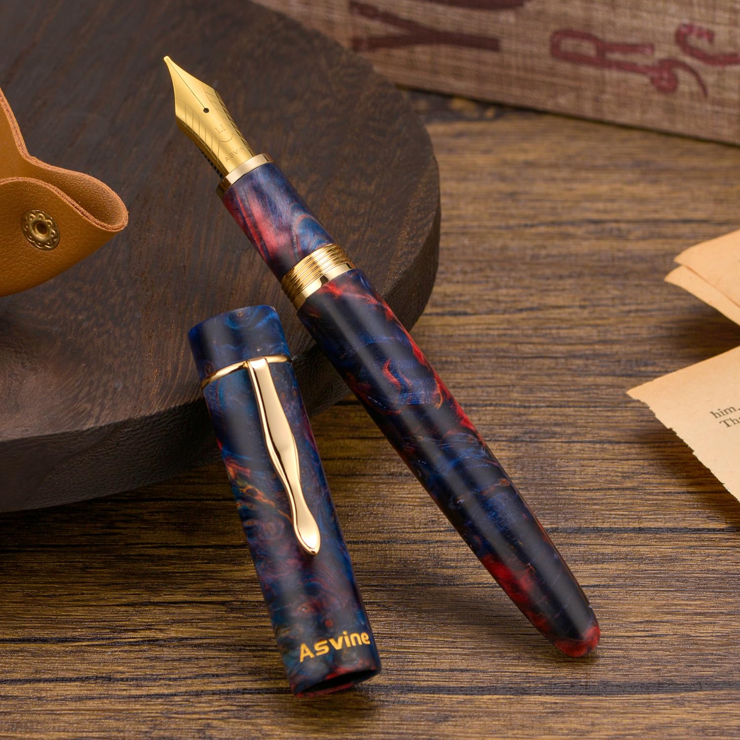 Asvine Stabilized Wood Fountain Pen C2000#8 Medium Nib Large Handcraft Unique Pattern Pen Converter Pen Box Collection Set - Sunset - Image 4