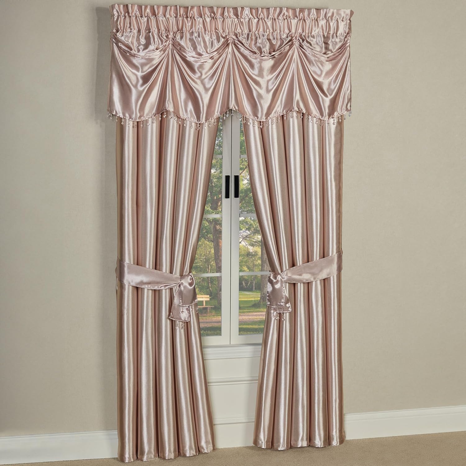 Touch of Class Portia Luxury Window Treatment | Soft Rose Quartz | Premier Smooth Polyester Satin 2 Piece Window Drapery Set with Tuck Valance and 96 Inch Long Curtain Pair