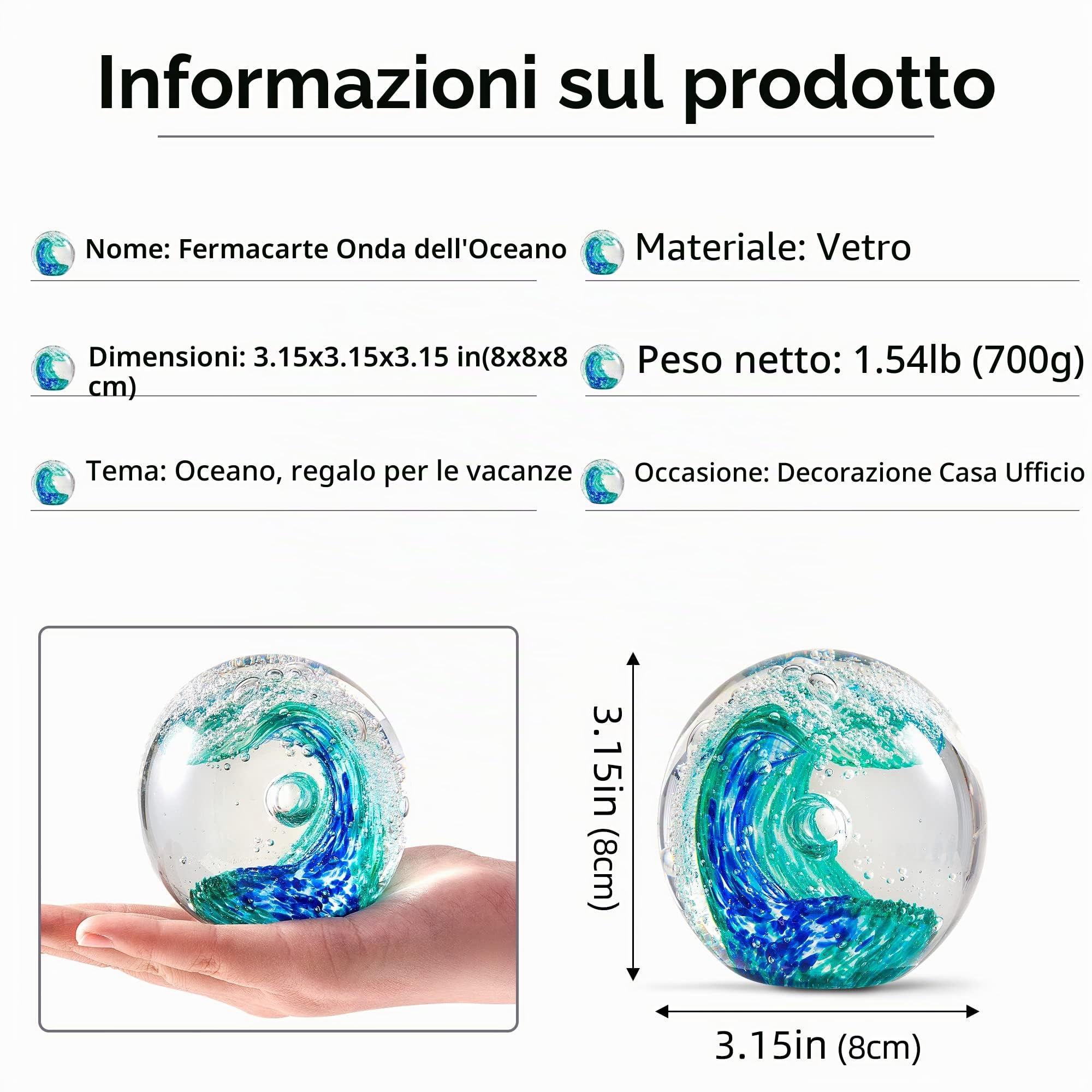 EUSTUMA Statuetta in vetro soffiato a mano con onde oceaniche, palla di vetro fermacarte, decorazione per la casa e l'ufficio per gli amanti dell'acquario