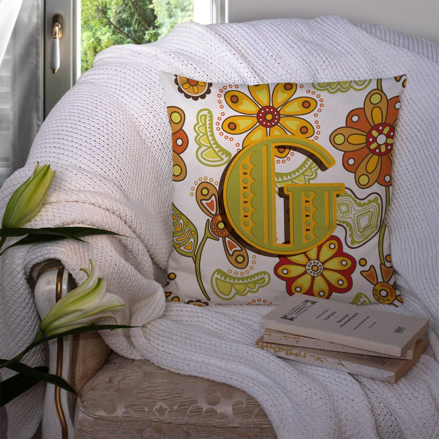 Caroline's Treasures CJ2003-GPW1414 Letter G Floral Mustard and Green Fabric Decorative Pillow 100% Machine Washable Pillow, Indoor or Outdoor Decorative Throw Pillow for Couch, Bed or Patio