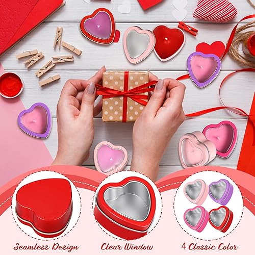 Miniatura 3 de Yinkin 12 latas de corazón para el día de San Valentín con 12 mechas de velas, latas de metal en forma de corazón de 2 onzas con tapas de ventana