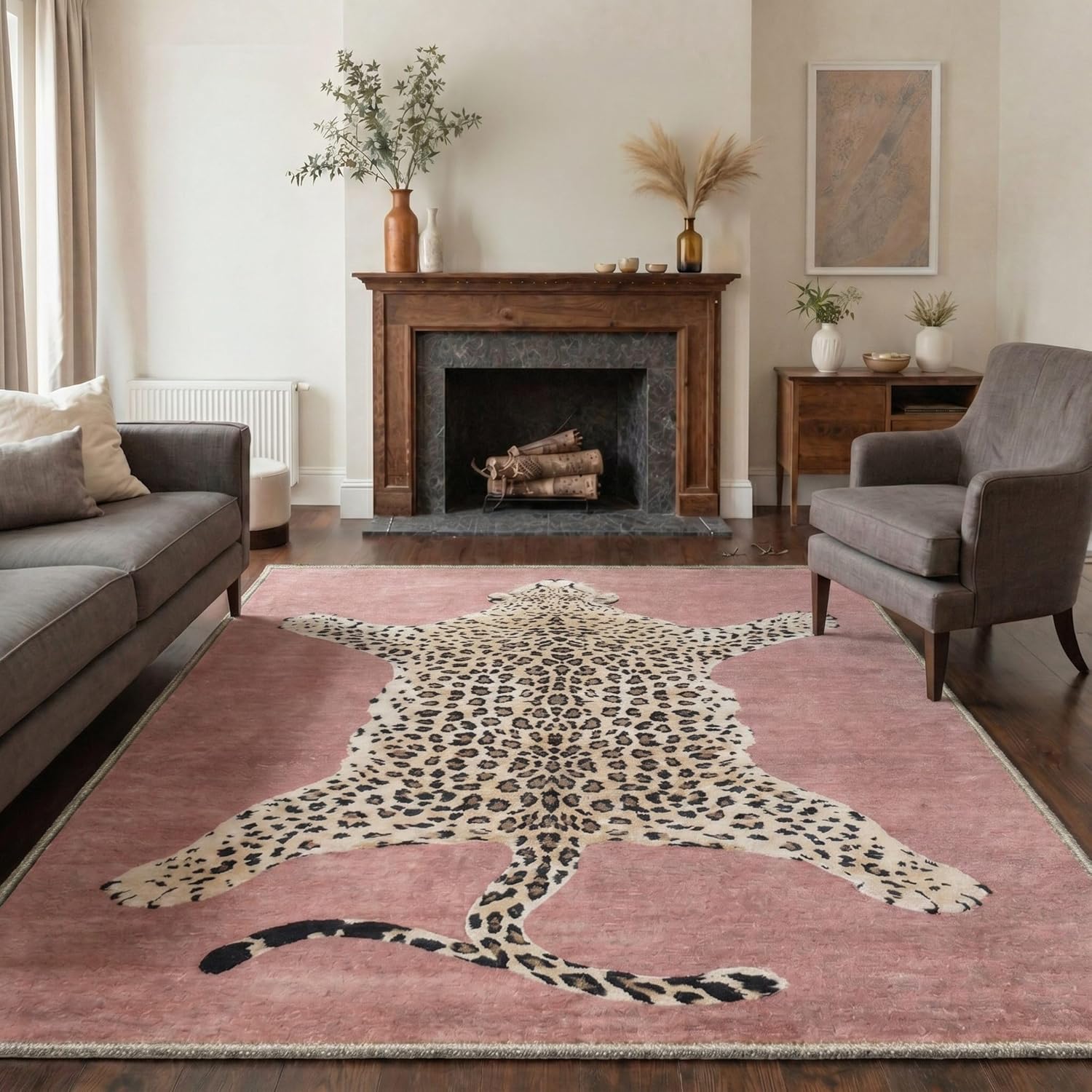 Bavni 5x7 Area Rug Machine Washable Non Slip Low Pile Print Rug for Living Room Bedroom Dining Room, Leopard Skin Dusty Blush