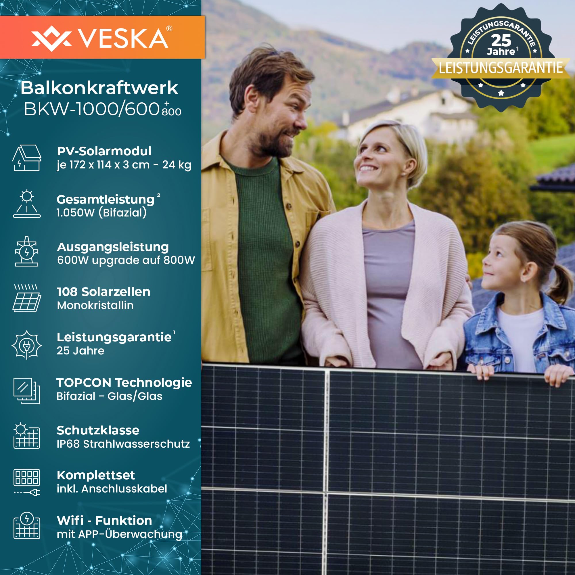 Balkonkraftwerk 1000 W Bifazial Glas/Glas Solaranlage Steckerfertig mit 800 Watt Wechselrichter WiFi Smarte Mini-PV Photovoltaik Anlage genehmigungsfrei Komplettset, schwarz (1000/800W)