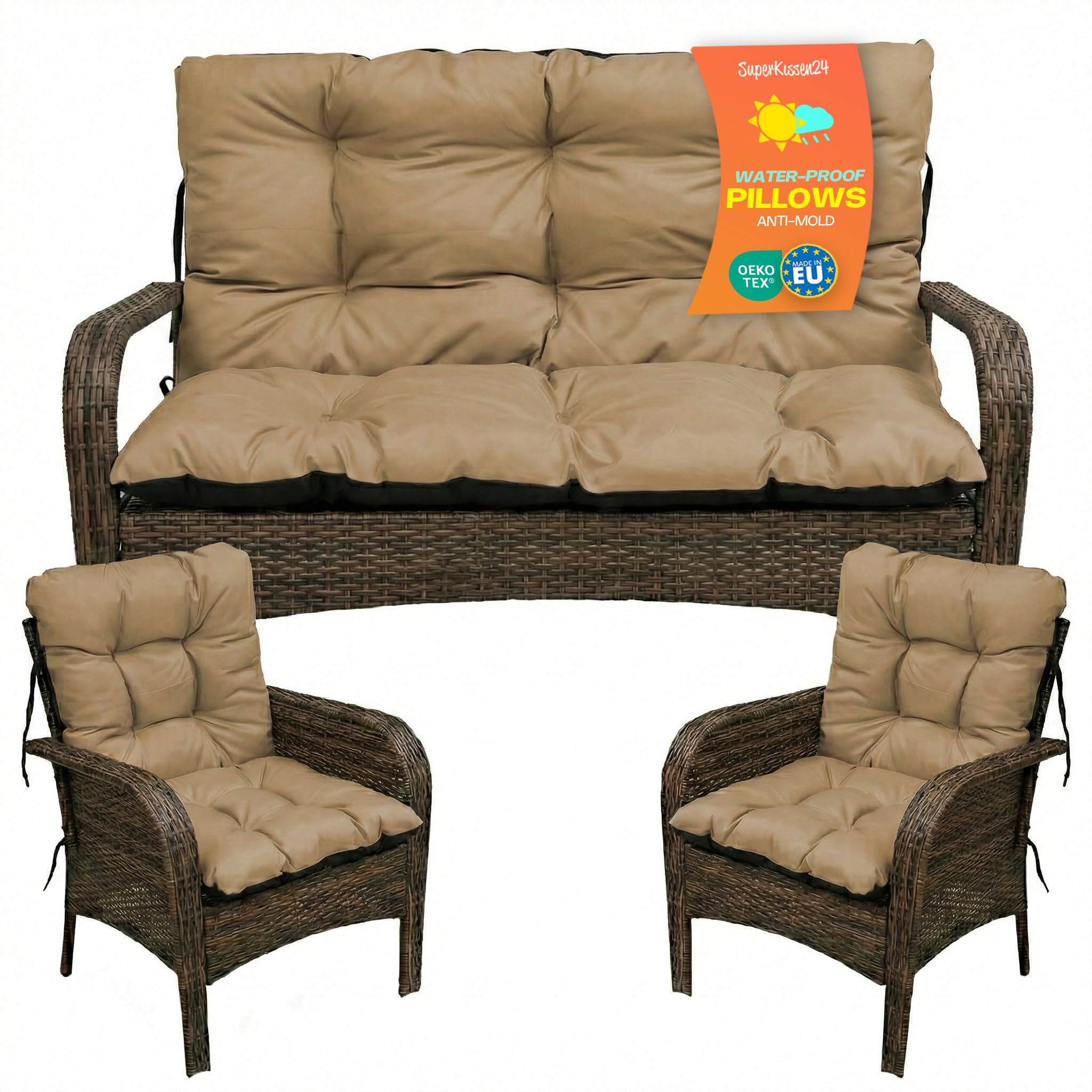 SuperKissen24. Coussin Dossier pour Banc de Jardin Canapé - 100x50 cm et Appui 100x60 cm + 2X 48x96 cm Coussin de Chaise Longue - Bain de Soleil - Intérieur/Extérieur - Imperméable - Beige