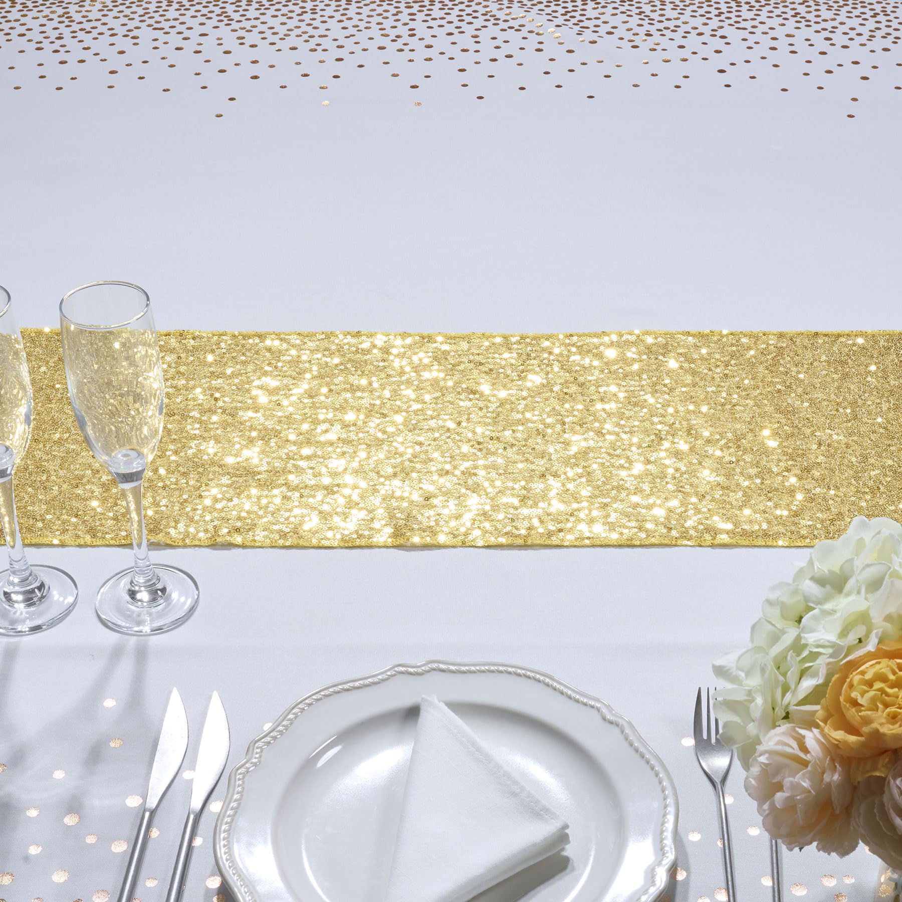 gogoparti Tischdecke mit goldfarbenen Punkten und Pailletten, goldfarben, für rechteckige Tische, 137,2 x 274,3 cm, 4 Stück 137,2 x 274,3 cm große Polyester-Tischdecken und 4 Stück 76,2 x 274,3 cm