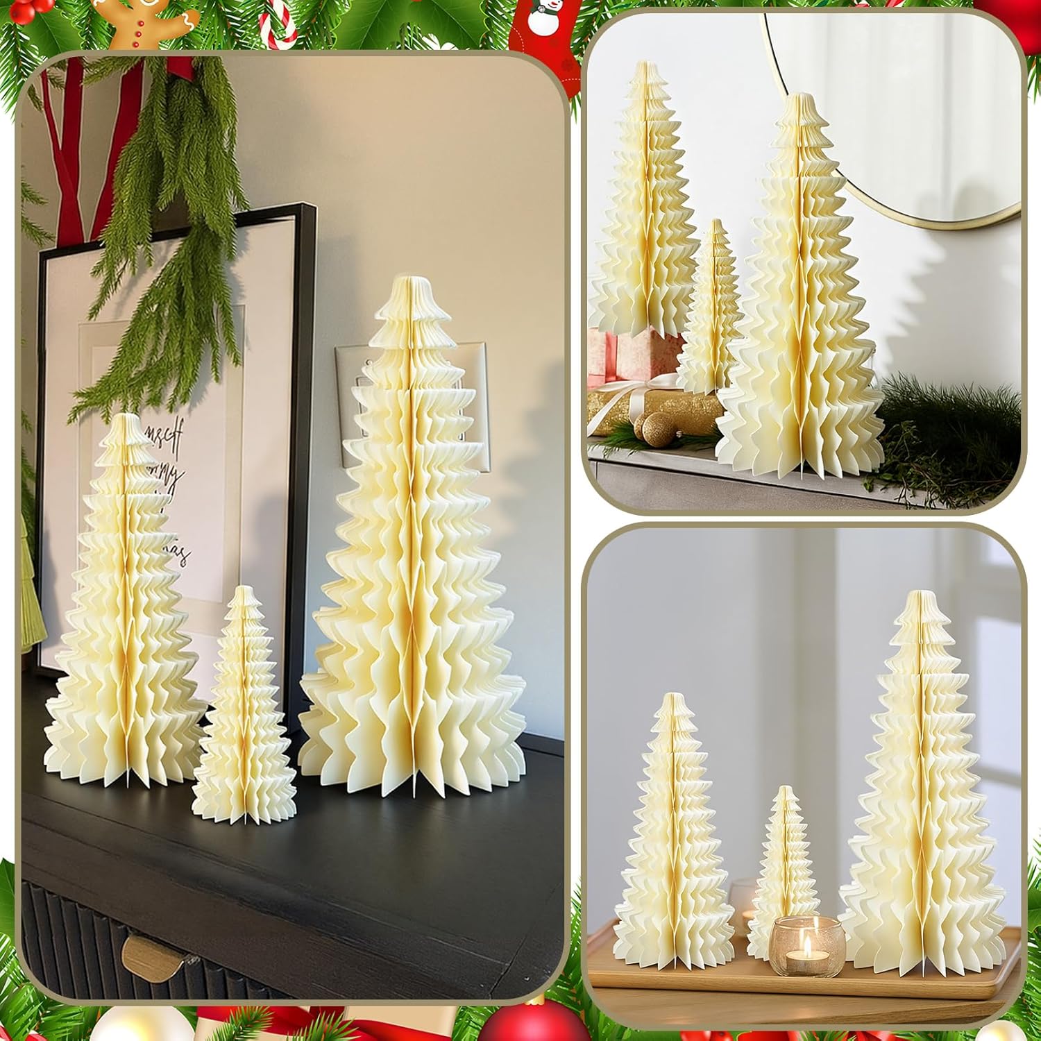 3 Pcs Large Paper Christmas Tree Decor 3D Honeycomb Christmas Trees Light up Vintage Table Centerpieces for Indoor Home Tabletop Mantel Decorations, 8/16/24 Inch
