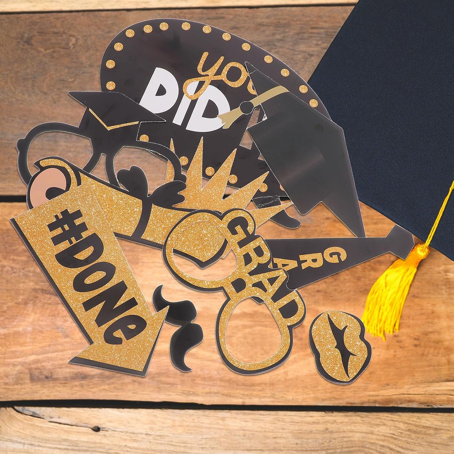 Graduation Photo Booth Props Set, 9pcs Dark Paper Party Decorations for Graduation Season, Grad Portrait Props for Party Photobooth Supplies