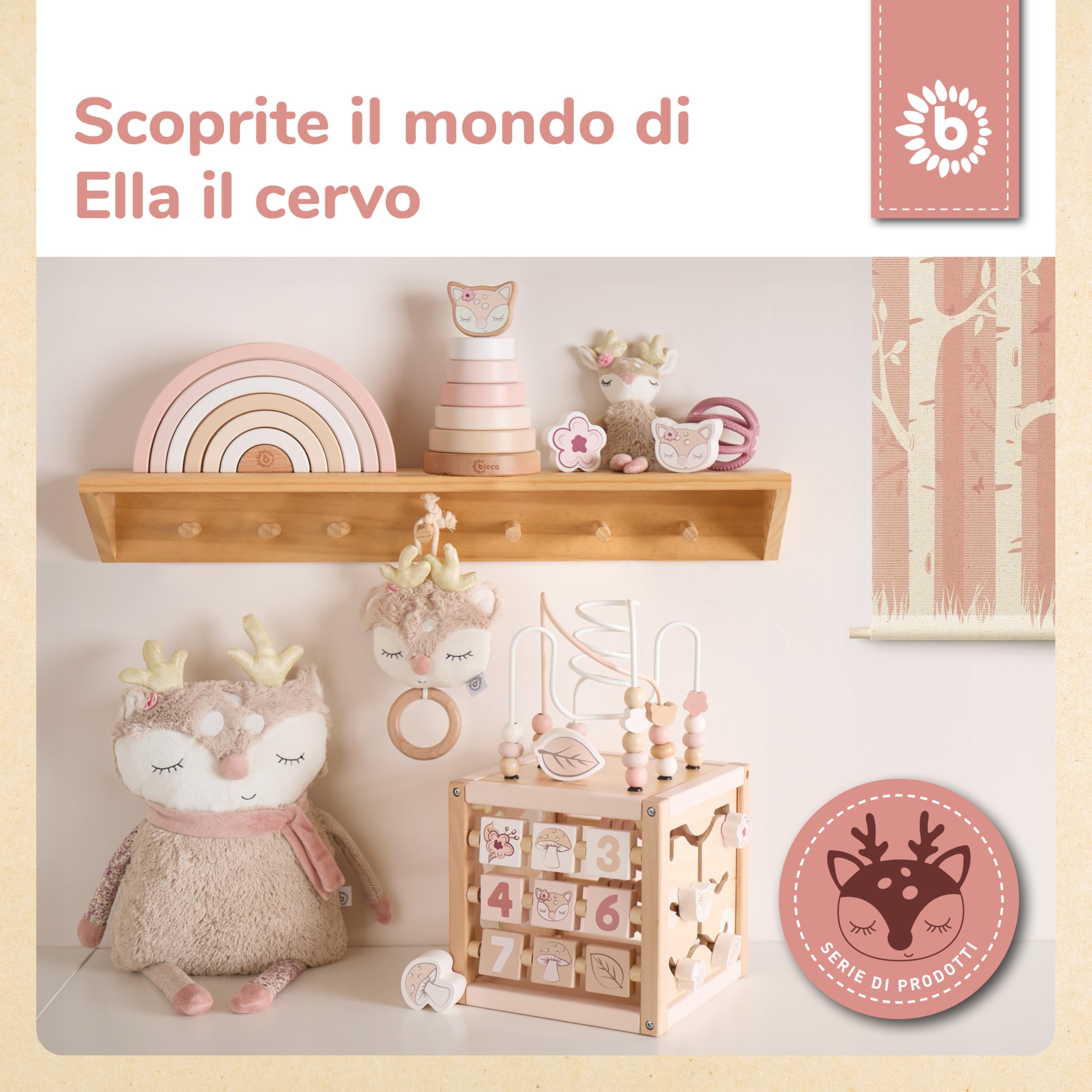 Bieco REH Ella - Cubo motorio in legno sostenibile FSC®, giocattolo per bambini, a partire da 1 anno, cubo di attività Montessori