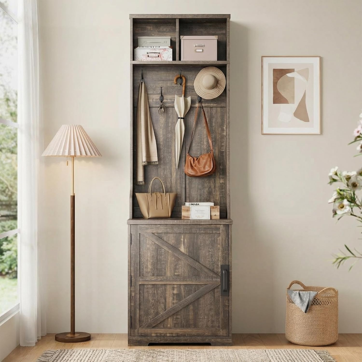 Farmhouse Hall Tree with Shoe Storage, 23.6" Freestanding Coat Rack Cabinet with 5 Hooks & 2 Open Cubbies, Space-Saving Narrow Entryway Bench for Mudroom, Hallway, Dark Brown