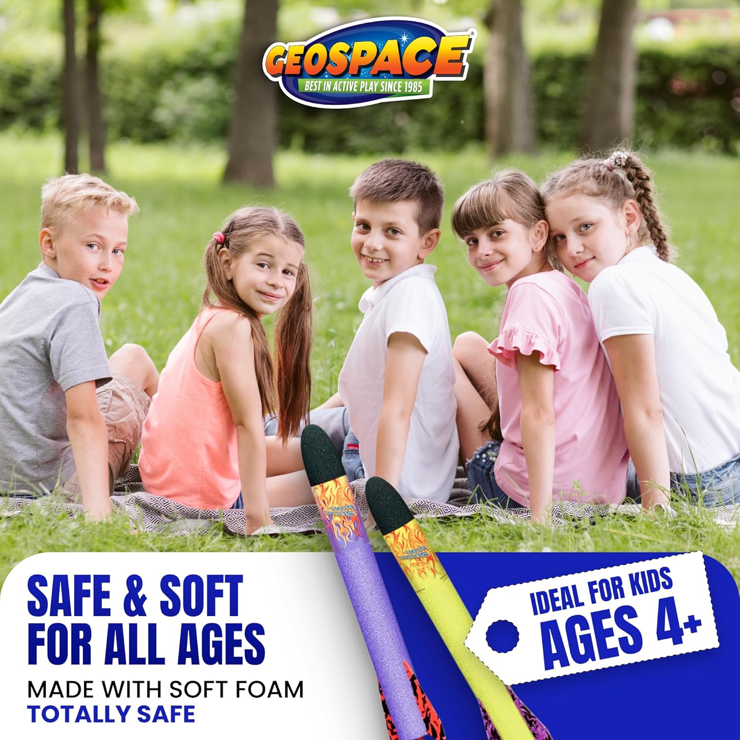 Geospace Jump Rocket Dueling Rockets Set for Kids with 2 Air Pumps, 2 Swivel Launch Tubes, Launch Pad & 6 Foam Rockets That Fly up to 250 feet! Great Outdoor Backyard Toy for Boys & Girls