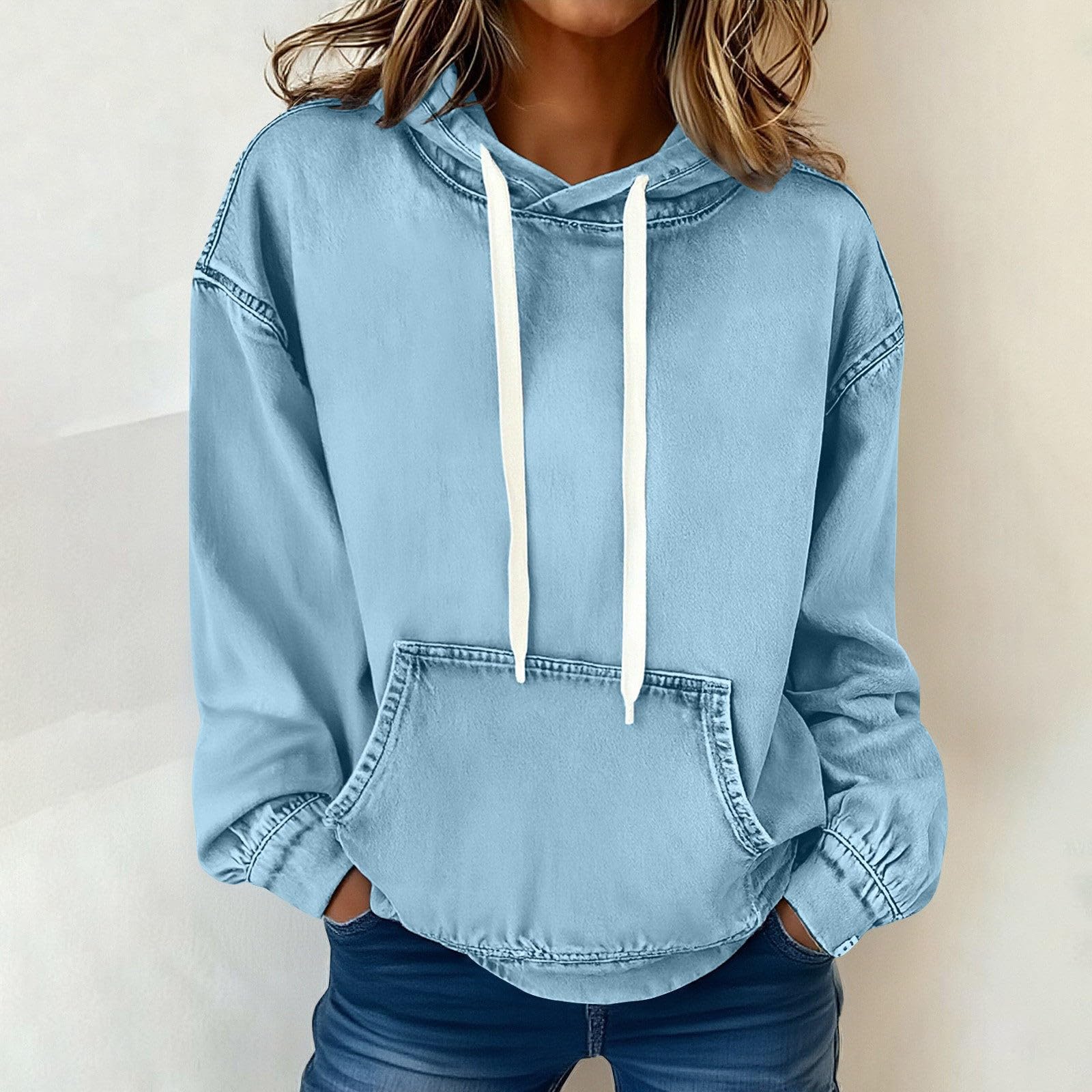 Generisch Sweat à capuche pour femme - Oversize - En jean - Manches longues - Couleur unie - Décontracté - Pour le sport - Streetwear - Mode - Veste à capuche chaude pour l'automne - Pour femme