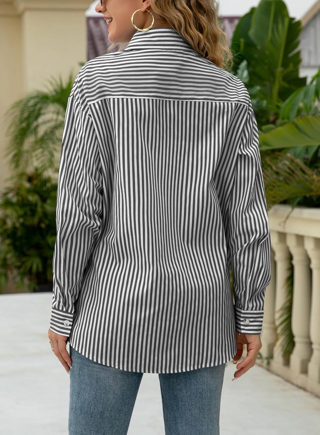 OMSJ Women's Striped Button Down Shirts Casual Long Sleeve Stylish Collared Classic Office Work Blouses Tops - Image 5