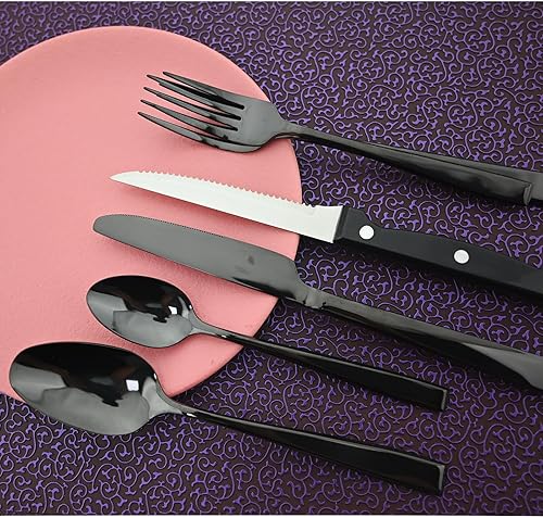 Miniatura 3 de Gugrida Juego de cubiertos de mango grueso de 24 piezas, acero inoxidable 1810 negro antiguo con cuchillo para carne, juego de cubiertos pulidos de