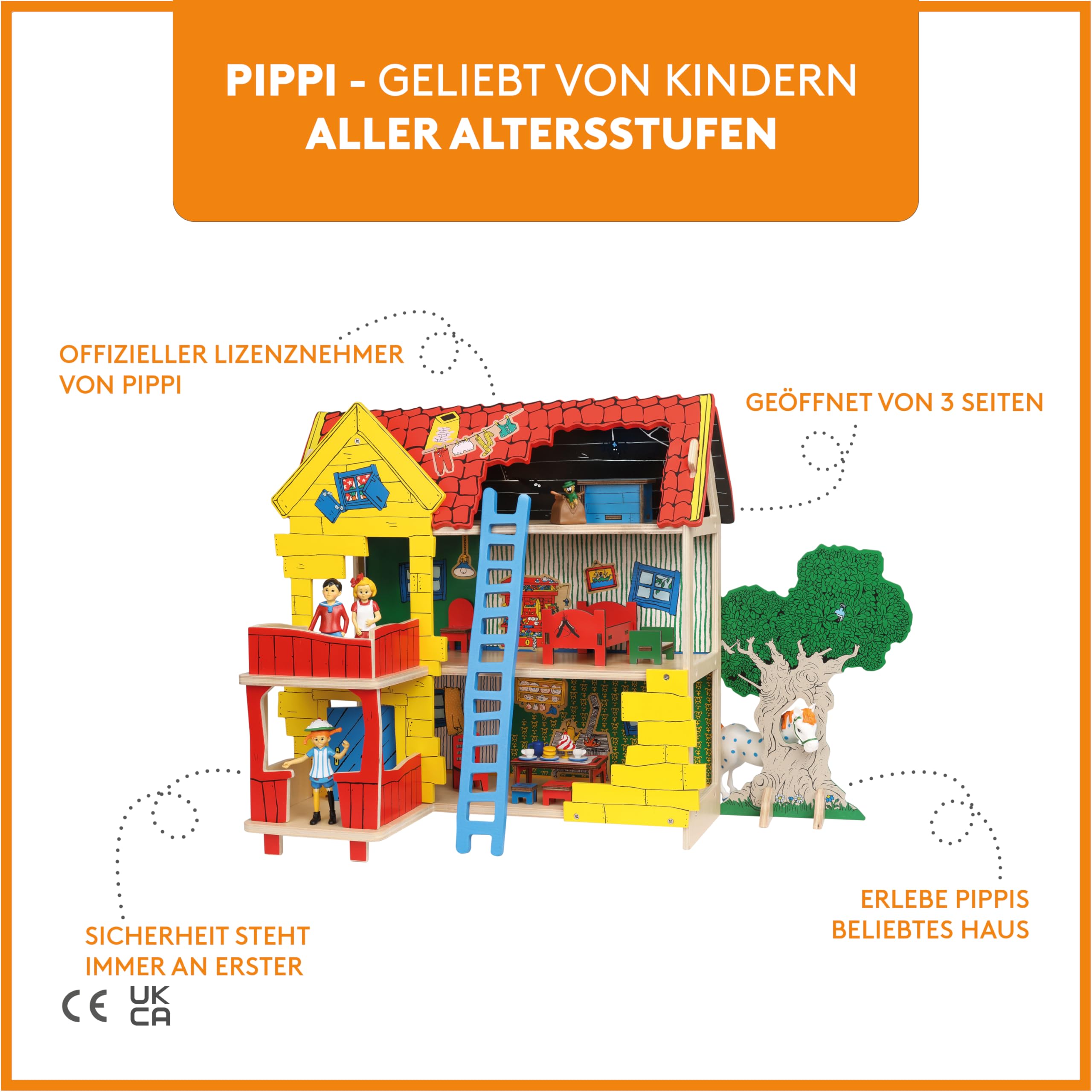 Pippi Langstrumpf Puppenhaus Bausatz aus Holz – 2-stöckiges Miniatur Haus – Spielzeug für Mädchen und Jungen ab 4 Jahre – schöner & hochwertiger Dollhouse Bausatz (Villa Kunterbunt)