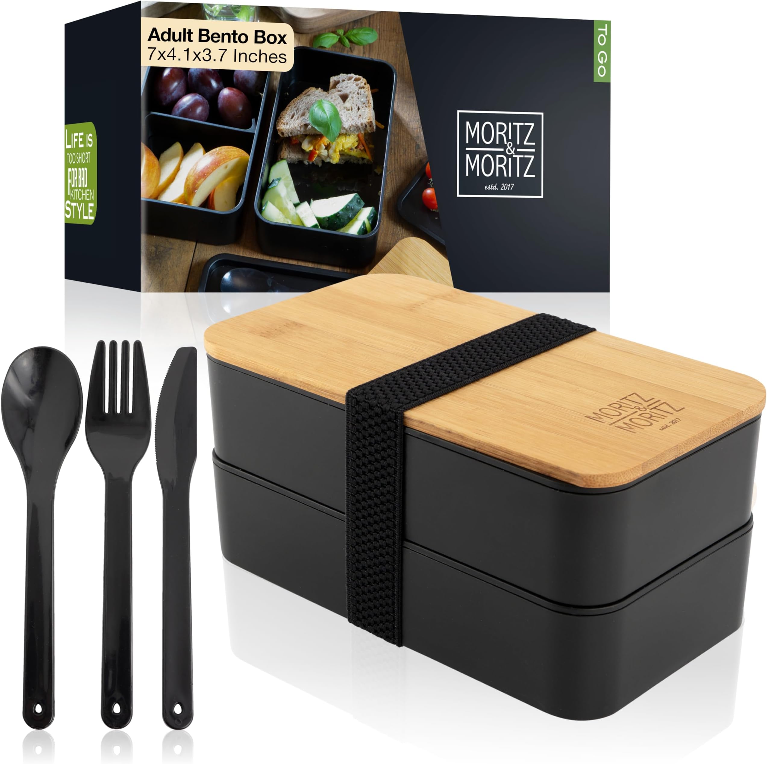 Japanese Bento Box - Perfect Black Lunch Box for Adults and Kids - Bread Box with Compartments - Ideal for Work, School and Travel