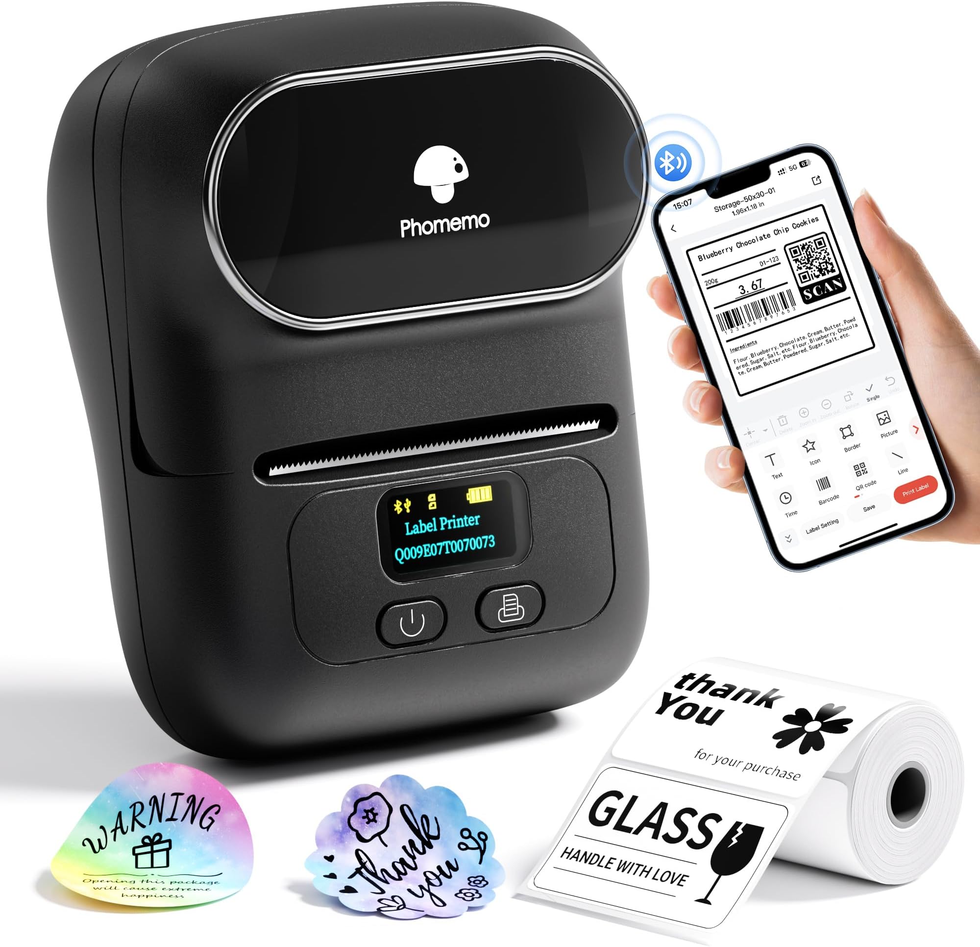 M110 Label Printer Machine - Thermal Label Maker, Bluetooth Label Printer for Phone & Tablet, Mini Sticker Printer for Shipping, Address, Clothes, Barcode, Retail, with 1 Roll 40x30mm Label