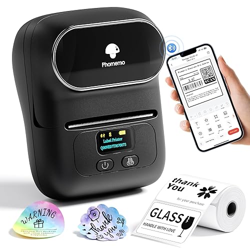 Phomemo M110 Label Makers - Barcode Label Printer Bluetooth Label Maker Portable Thermal Printer for Small Business, Address, Barcode, Logo, Clothing, Mailing, Sticker Printers for Phone & PC, Black