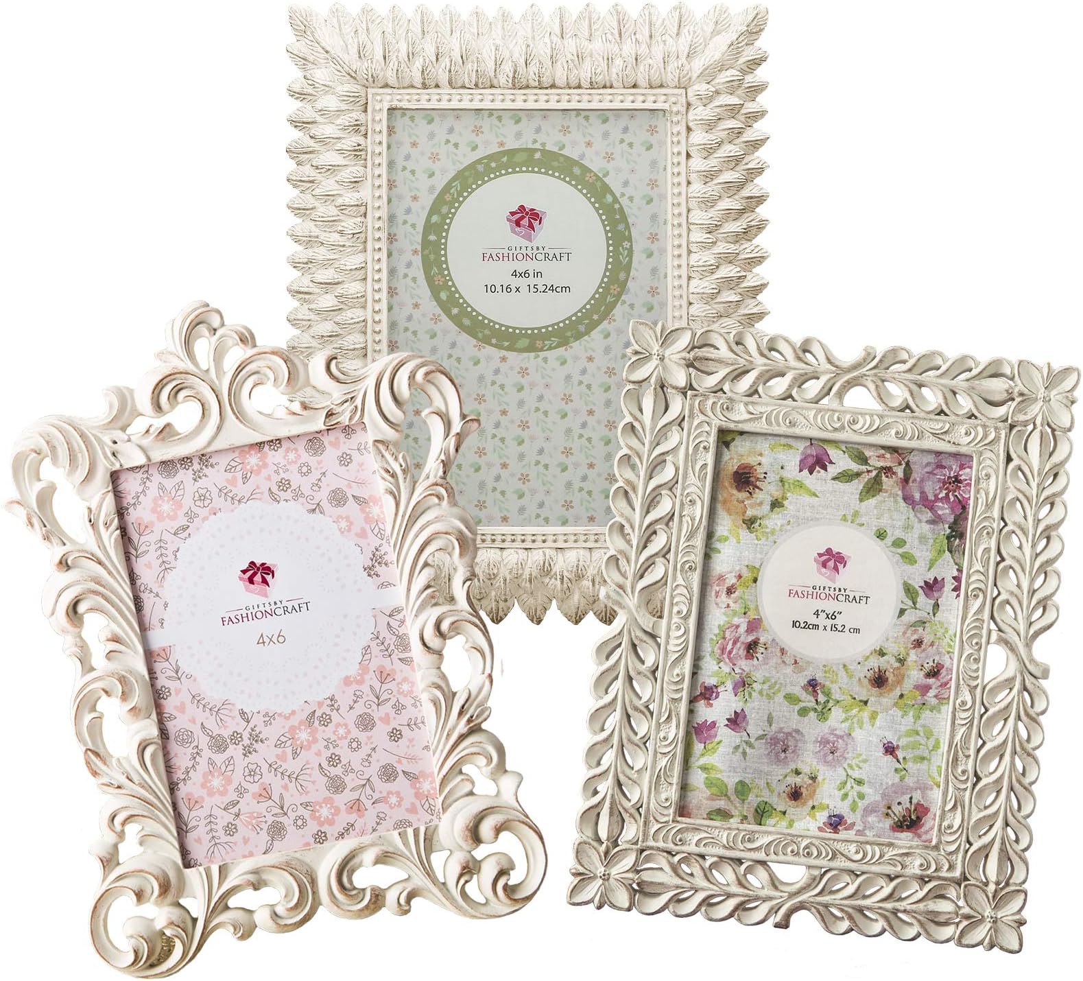 FASHIONCRAFTVintage Antique Picture Frames Table Top, Set of 3 Picture Frame for 4x6 Inches Photos, Baroque Ornate Style with Brushed Gold or Silver Accents, Perfect for Wedding Graduation Home Decor
