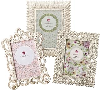 FASHIONCRAFT Vintage Antique Picture Frames Table Top, Set of 3 Picture Frame for 4x6 Inches Photos, Baroque Ornate Style with Brushed Gold or Silver Accents, for Wedding Graduation Home Decor