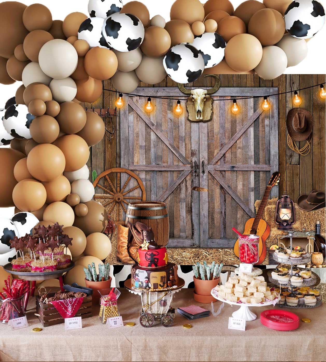 Western Cowboy Party Decorations - Balloon Garland Arch Kit & Backdrop Banner For Rodeo Theme