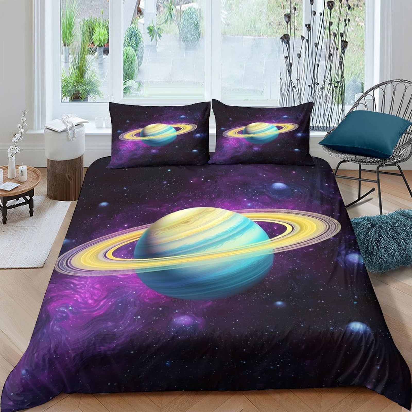 Ctjqhvkz Style-5 3D Printed Saturn Planet Fitted Sheet Microfiber Purple Space Mattress Cover For Bedroom Guest Room Dorm Bed Protection Single（135X200cm）