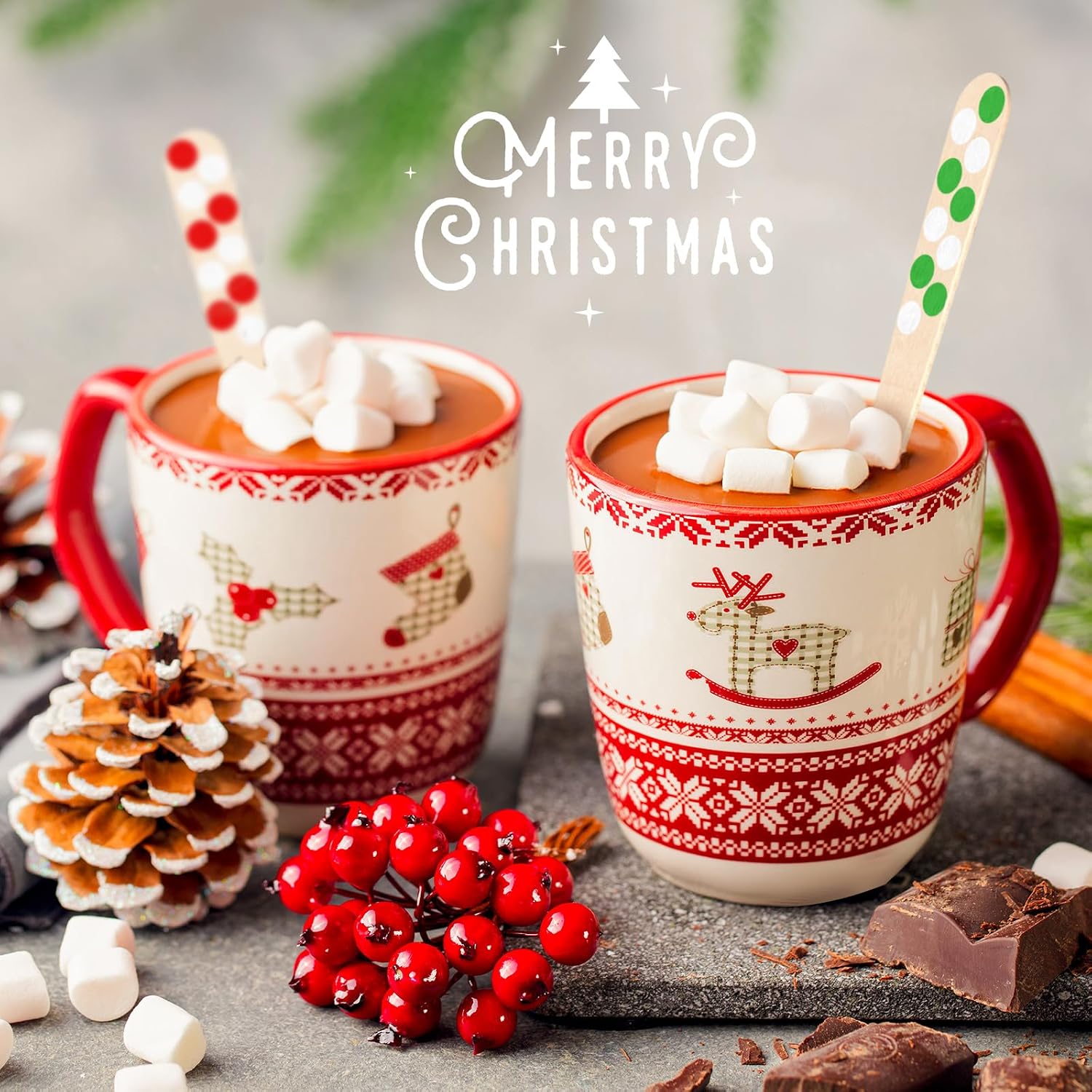 Hoolerry 300 Pcs Christmas Disposable Wooden Spoons Hot Chocolate Striped Spoons Candy Cane Stripe for Tasting Hot Cocoa Coffee Candy Baking Ice Cream Cake Party Supplies, 5.5 Inch (Multi Styles)