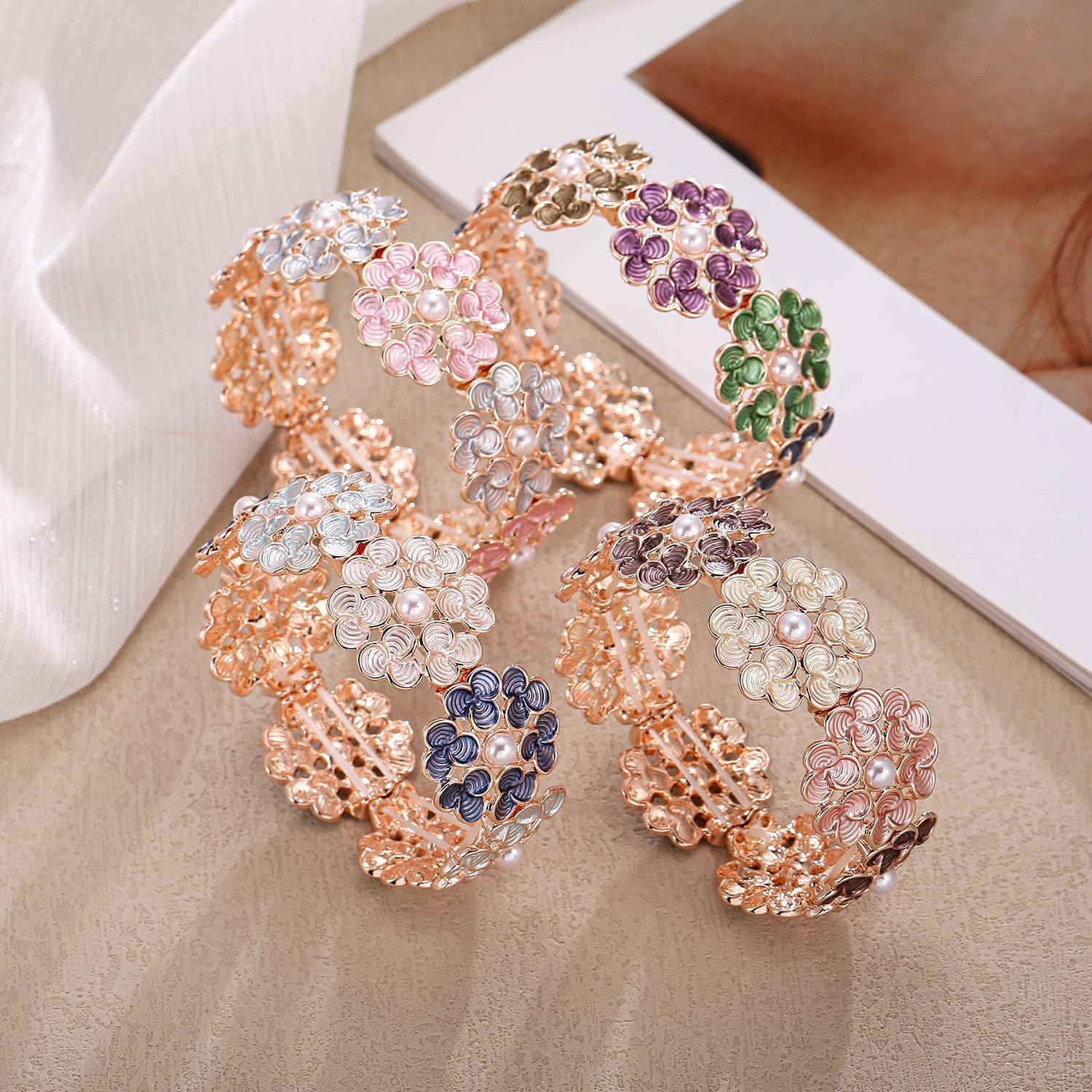 LUREME Boho Floral Pearl Bracelet - Gold Plated Multicolor Enamel Stretch Bangle for Women (bl003623) - Image 6