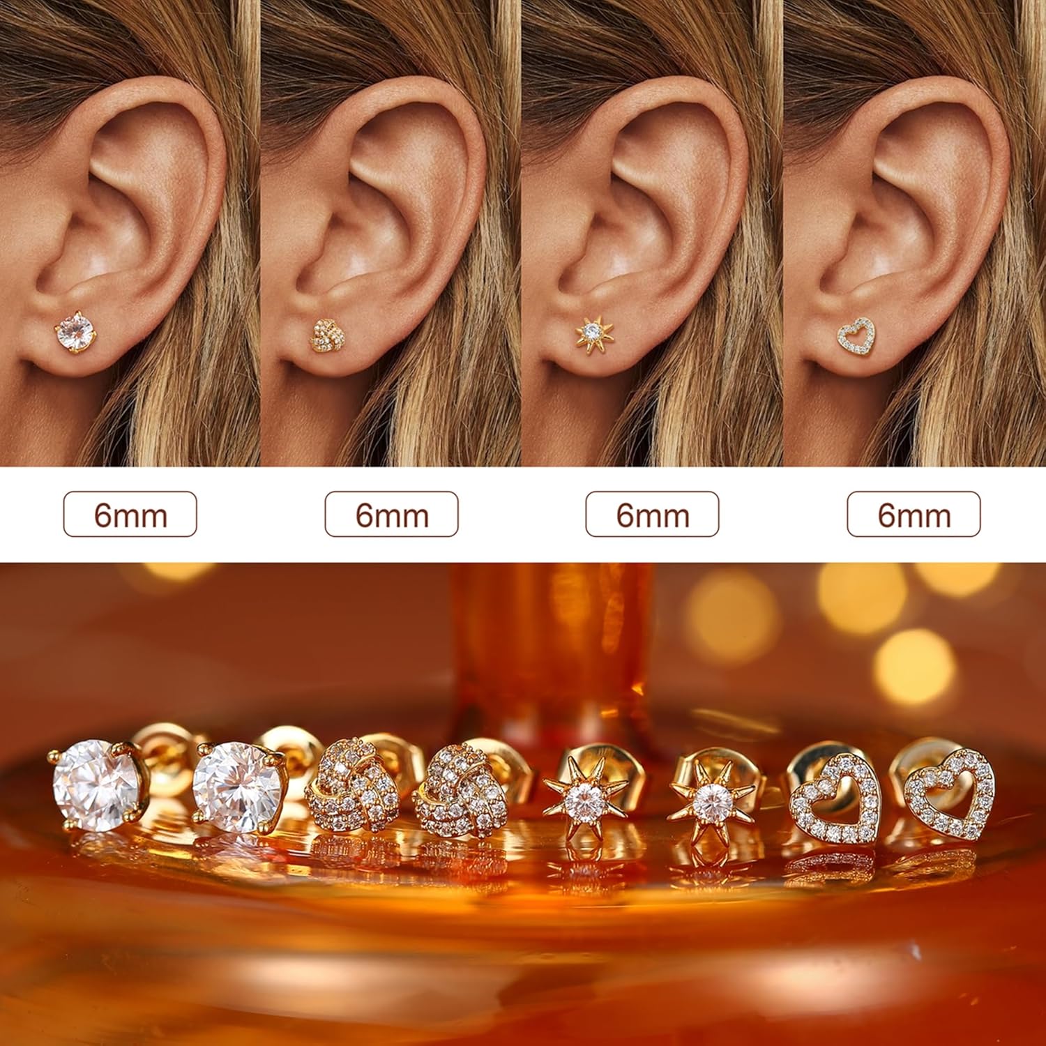 SAILIMUE Hypoallergenic Sterling Silver Stud Earrings for Women Men Brilliant Heart Knot Round Cubic Zirconia Earring Studs for Sensitive Ears Gold Silver Tone - Image 6