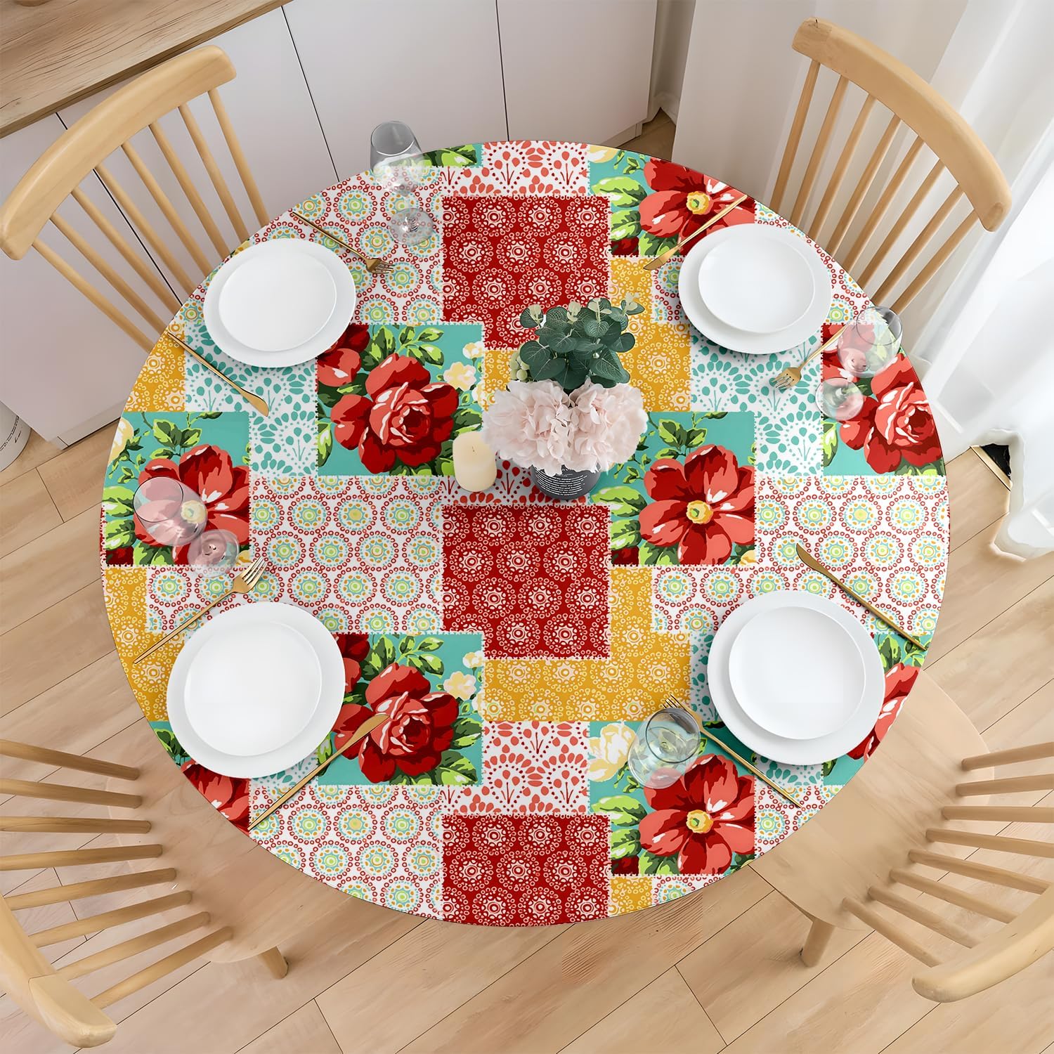 Round Tablecloth Elastic Fitted Waterproof with Wipeable Washable - Indoor Outdoor Patio Table Cover for 52 Inches Round Tables