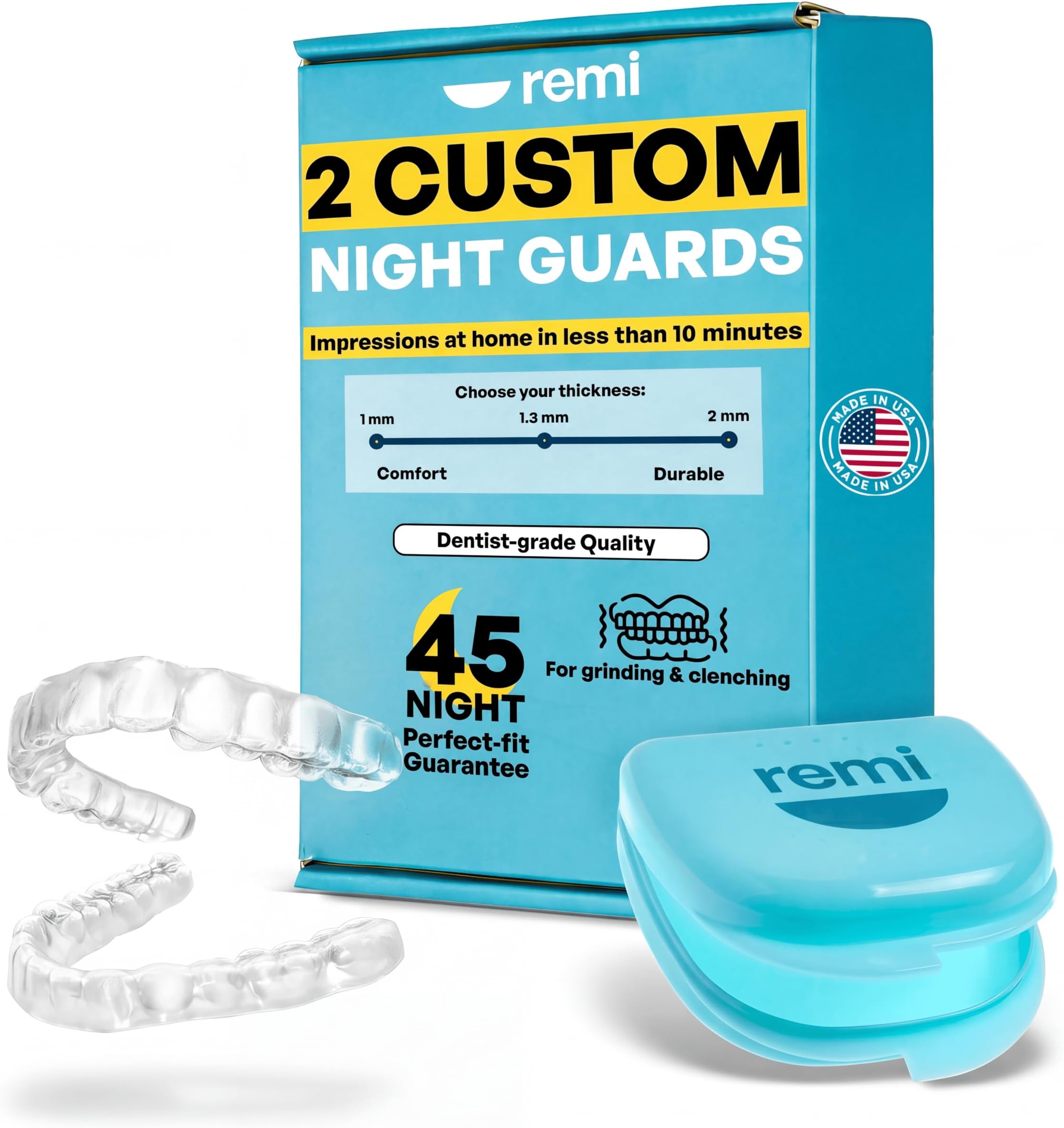 Remi Custom Night Guard Impression Kit | Two (2) Custom-Fit Guards + Case | Night Guards for Teeth Grinding, Mail-In At-Home Custom Dental Molding Kit, Bruxism Night Guard, Sleeping Mouth Guard